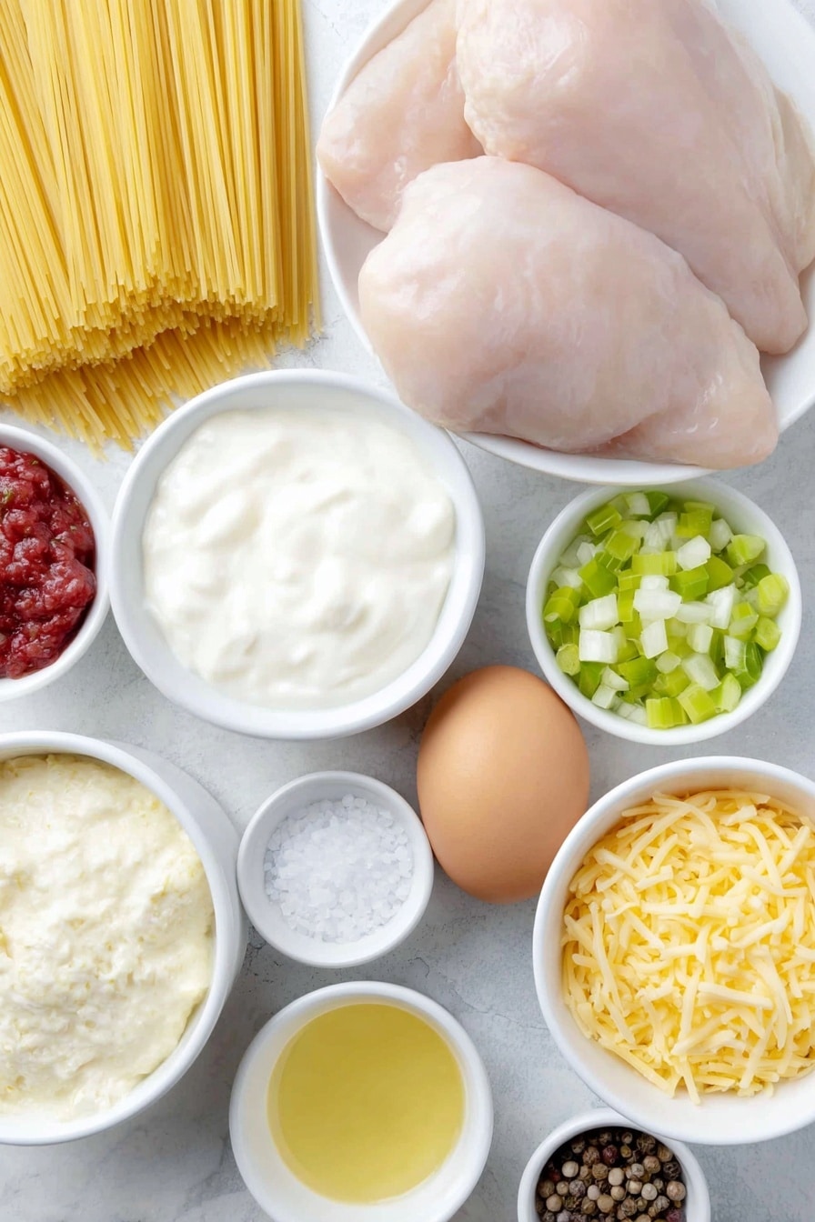 Flat lay of a small bundle of uncooked golden spaghetti noodles, two raw boneless skinless chicken breasts with subtle sheen, a few bright green celery stalks chopped into small pieces in a simple white ceramic bowl, a small white bowl filled with chopped white onion, a small white bowl containing chopped vibrant green and red bell pepper pieces, a small white bowl of thick creamy sour cream, a small white bowl with golden olive oil glistening, a small white bowl holding pale chicken broth, a small white bowl of smooth condensed cream of chicken soup, a small white bowl of creamy condensed cream of celery soup, a small white bowl with bright orange shredded sharp Cheddar cheese, a whole uncracked brown egg resting nearby, and a small white bowl with fine white salt, another small white bowl with coarse black peppercorns, plus a small white bowl with light beige garlic powder, all arranged with perfect symmetry on a clean white marble surface, soft natural light, photo taken with an iPhone, professional food photography style, fresh ingredients, white ceramic bowls, no bottles, no duplicates, no utensils, no packaging --ar 2:3 --v 7 --p m7354615311229779997 - Southern Chicken Spaghetti Bake, Southern chicken casserole, cheesy chicken pasta bake, hearty Southern comfort food, easy chicken spaghetti recipe