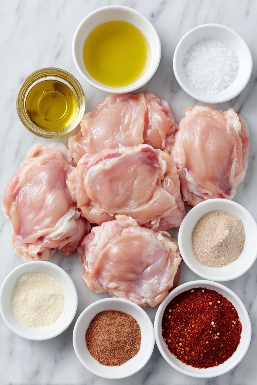 Flat lay of fresh raw boneless skinless chicken thighs arranged neatly, a small white bowl of golden olive oil, a small white bowl of coarse kosher salt crystals, a small white bowl of freshly ground black pepper, a small white bowl of light brown garlic powder, a small white bowl of pale beige onion powder, a small white bowl of deep red smoked paprika, a small white bowl of warm brown ground cumin, a small white bowl of bright red cayenne pepper, all placed symmetrically on a clean white marble surface, soft natural light, photo taken with an iPhone, professional food photography style, fresh ingredients, white ceramic bowls, no bottles, no duplicates, no utensils, no packaging --ar 2:3 --v 7 --p m7354615311229779997 - Baked Boneless Chicken Thighs, juicy baked chicken thighs, flavorful chicken thigh recipe, easy baked chicken dinner, smoky chicken thigh recipe