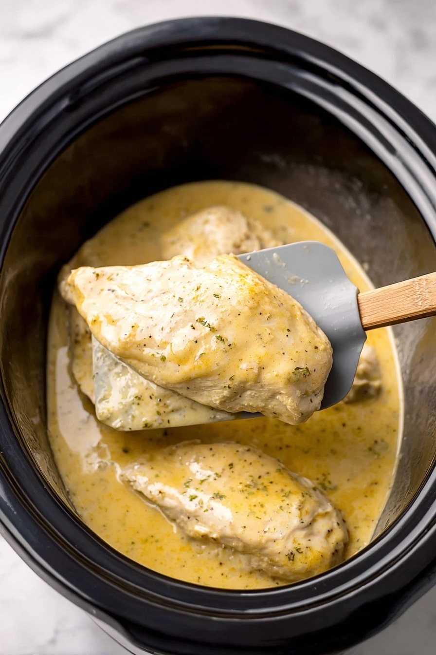 A close-up image shows three thick chicken pieces cooked in a slow cooker filled with a creamy, light yellow sauce with small green and black specks of seasoning. One piece of chicken is being lifted out of the slow cooker in the foreground on a gray spatula with a wooden handle. The chicken surface looks smooth and moist, covered well in the sauce which is slightly shiny. The slow cooker interior is black, and the whole scene is set on a white marbled surface. Photo taken with an iphone --ar 2:3 --v 7 - Creamy Ranch Chicken, Slow Cooker Chicken Recipes, Easy Crockpot Dinner, Comfort Food Recipes, Healthy Slow Cooker Meals