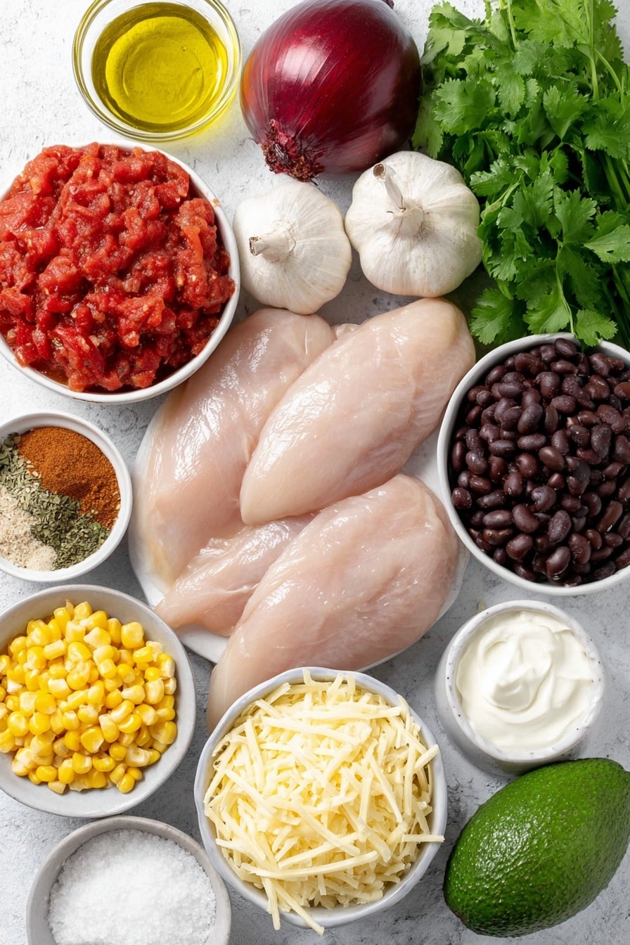 Flat lay of a small white ceramic bowl of golden olive oil, a whole small red onion with deep purple skin, three whole garlic cloves with papery white skins, a pile of bright red fire-roasted diced tomatoes, fresh green cilantro sprigs, a small white ceramic bowl of shiny black beans, a small white ceramic bowl of yellow corn kernels, a heap of warm brown ground cumin powder, a small white ceramic bowl of dried oregano leaves, two plump raw whole chicken breasts with pale pink skin, a small white ceramic bowl of shredded pale yellow cheese, a small white ceramic bowl of coarse salt, a small white ceramic bowl of cracked black peppercorns, a whole ripe avocado with dark green skin, and a small white ceramic bowl of smooth sour cream, all arranged symmetrically and balanced, placed on a clean white marble surface, soft natural light, photo taken with an iPhone, professional food photography style, fresh ingredients, white ceramic bowls, no bottles, no duplicates, no utensils, no packaging --ar 2:3 --v 7 --p m7354615311229779997 - Healthy Chicken Tortilla Soup, healthy chicken soup, easy chicken tortilla soup, nutritious tortilla soup, light chicken soup