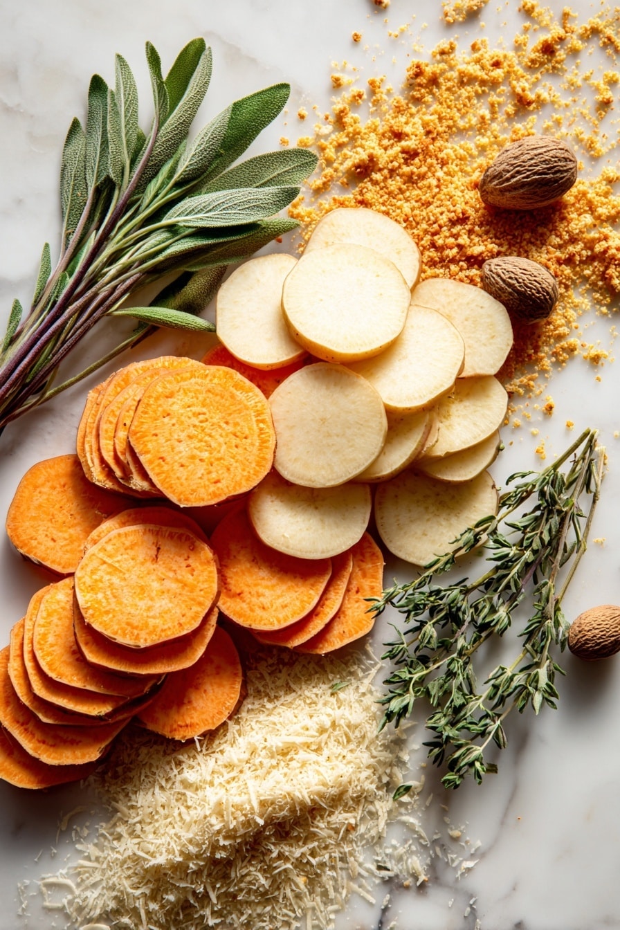 Flat lay of thinly sliced sweet potatoes with their vibrant orange hue and smooth texture, pale creamy white Idaho potatoes sliced evenly, a small heap of finely grated Asiago cheese with its pale yellow color and crumbly texture, a pile of freshly grated parmigiano-reggiano showing its golden tones, a scattering of fine golden breadcrumbs, sprigs of fresh sage leaves with deep green color and velvety texture, whole nutmeg showing its rough brown shell, and a small bunch of dried thyme stems with delicate green-gray leaves, all naturally arranged with some overlapping and others spaced out to create visual interest, placed on white marbled surface, photo taken with an iphone --ar 2:3 --v 7 - Asiago Scalloped Potatoes, scalloped potatoes with Asiago cheese, cheesy scalloped potato casserole, creamy potato side dish, cheesy potato recipe