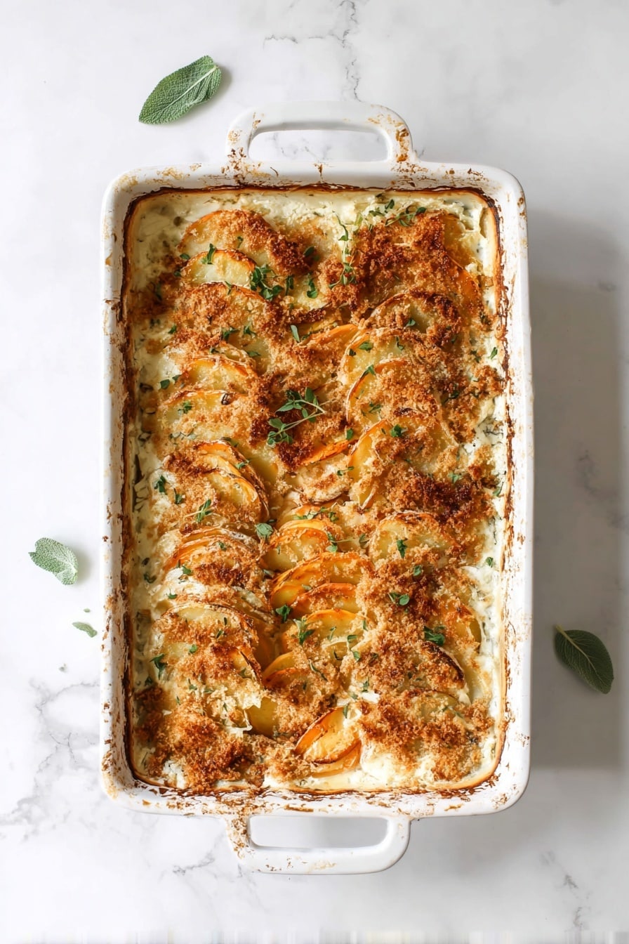 The image shows a baked casserole in a white rectangular dish with handles, placed on a white marbled surface with a few green leaves scattered around. The dish has three visible layers: a bottom creamy white sauce layer, a middle layer of thinly sliced potatoes or sweet potatoes arranged vertically in rows with orange and pale yellow colors, and a top layer of golden-brown toasted breadcrumbs and melted cheese with some crispy edges. Small green herb leaves are scattered on top, giving a fresh contrast to the rich texture. The edges of the dish show small baked spots and slight browning from cooking photo taken with an iphone --ar 2:3 --v 7 - Asiago Scalloped Potatoes, scalloped potatoes with Asiago cheese, cheesy scalloped potato casserole, creamy potato side dish, cheesy potato recipe