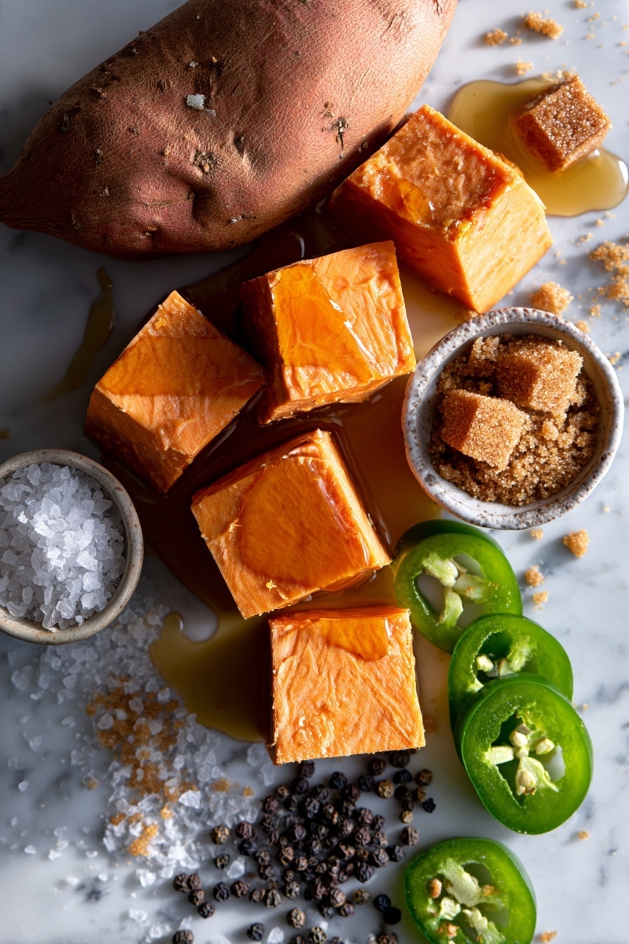 Flat lay of vibrant orange sweet potato chunks with rough, matte skin and smooth cut surfaces, golden melted butter glistening in small pools, a small mound of rich, dark brown sugar crystals sparkling under soft light, bright green jalapeño slices showing shiny skin and seeds inside, amber honey in a thick viscous flow catching the light, fresh coarse salt crystals, and a few black peppercorns scattered naturally, all arranged artfully with contrasting colors and textures, placed on white marbled surface, photo taken with an iphone --ar 2:3 --v 7 - Hot Honey Caramel Sweet Potatoes, sweet and spicy sweet potato side dish, caramelized sweet potatoes with honey, spicy honey roasted sweet potatoes, easy sweet potato recipes