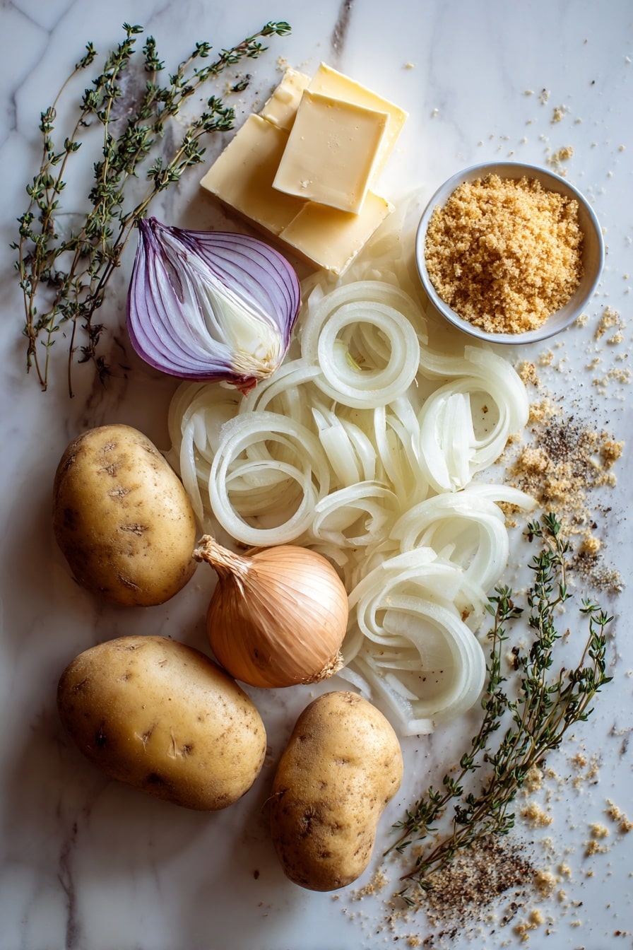 Flat lay of thinly sliced sweet onions in soft translucent white and pale purple layers, whole russet potatoes with smooth light brown skins, fresh sprigs of dried thyme with tiny green leaves, a small pile of golden unsalted butter blocks, grated gruyere cheese showing pale yellow shreds with a slightly creamy texture, a neat mound of seasoned golden brown bread crumbs with crispy texture, and a tiny grating of fresh nutmeg with warm brown tones, all beautifully arranged in a natural, slightly overlapping pattern with varied shapes and textures, placed on white marbled surface, photo taken with an iphone --ar 2:3 --v 7 - French Onion Scalloped Potatoes, caramelized onion potato casserole, cheesy scalloped potatoes, onion and potato gratin, comfort food side dishes