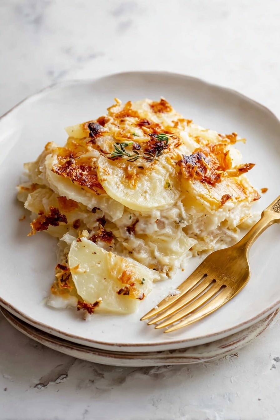 A white plate with a serving of scalloped potatoes layered about five thin layers deep, each layer showing soft, pale yellow potato slices with a slight creaminess between them. The top layer is golden brown with some crispy browned bits, giving a mix of creamy white and caramelized brown colors. Small bits of browned onions and melted cheese are scattered on and between the potato layers. A gold fork rests on the right side of the plate, beside the potato serving. The plate sits on a white marbled surface. Photo taken with an iphone --ar 2:3 --v 7 - French Onion Scalloped Potatoes, caramelized onion potato casserole, cheesy scalloped potatoes, onion and potato gratin, comfort food side dishes