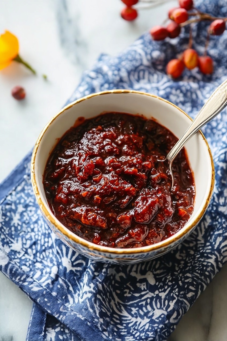 A white bowl with blue stripes around the outside edges holds a thick, dark red cranberry sauce with a shiny and chunky texture. A silver spoon is resting inside the bowl, partially covered by the sauce. The bowl sits on a folded blue and white cloth with a floral pattern, placed on a white marbled surface. Around the bowl, there are scattered whole cranberries and a few yellow flower petals, giving a natural and festive look to the scene. Photo taken with an iphone --ar 2:3 --v 7 - Bourbon Vanilla Cider Cranberry Sauce, cranberry sauce with bourbon and vanilla, easy holiday cranberry sauce, festive cranberry sauce recipe, flavorful cranberry condiment