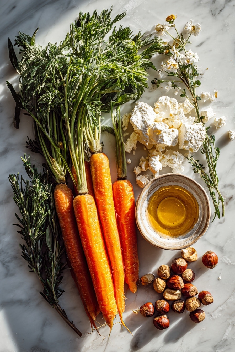 Flat lay of fresh whole orange carrots with smooth skin, a small bowl of golden maple syrup glistening under the light, scattered raw hazelnuts with rich brown shells and some cracked open showing creamy interiors, creamy white crumbled goat cheese with soft texture, sprigs of green rosemary, thyme, parsley, and chives with varied leafy shapes and vibrant colors, all naturally arranged in a balanced, casual composition placed on white marbled surface, photo taken with an iphone --ar 2:3 --v 7 - Maple Roasted Carrots with Hazelnuts and Goat Cheese, roasted carrot side dish, caramelized carrots with nuts and cheese, quick vegetable side recipe, elegant roasted carrot dish