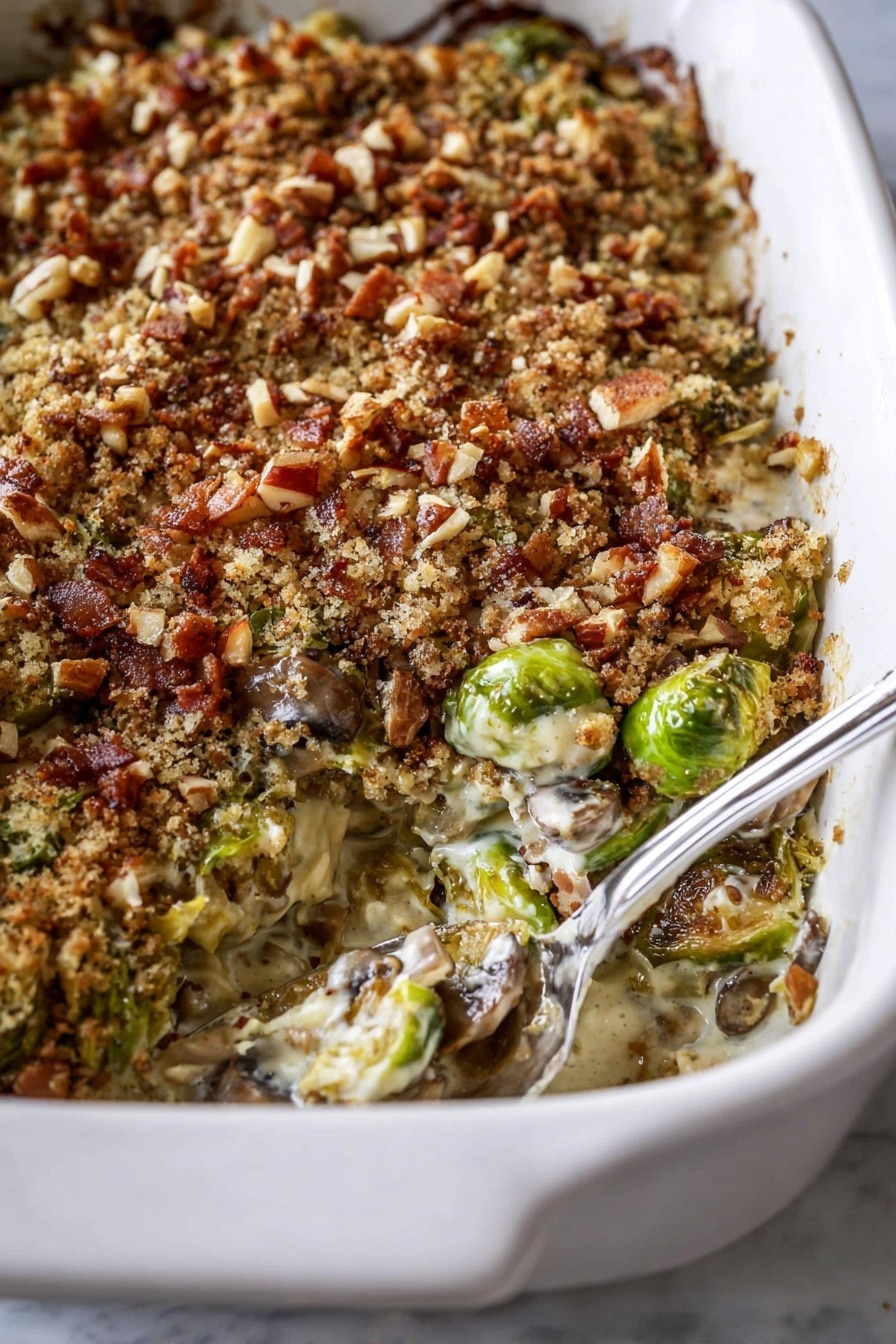 This image shows a white oval baking dish filled with a layered casserole dish. The top layer is a golden brown, crispy crust made of chopped nuts mixed with crunchy crumbs that cover a creamy, light yellow and slightly browned sauce below. Visible under the topping are green, wilted pieces of cooked leafy vegetables. The edges of the dish have bits of browned sauce baked on, adding to the textured look. The casserole appears rich and thick with a mixture of crunchy and creamy textures. Photo taken with an iphone --ar 2:3 --v 7 - Brussels Sprouts Gratin with Pancetta Mushrooms and Pecans, Brussels Sprouts Gratin, Pancetta Mushroom Pecan Casserole, Fall Side Dishes, Savory Brussels sprouts