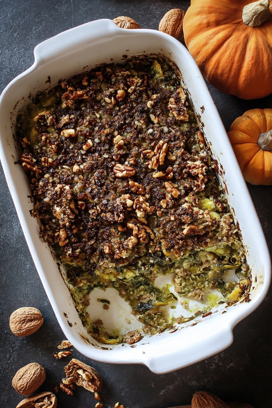 A white rectangular baking dish filled with a layered green vegetable casserole, topped with a dark brown crunchy crust made of chopped nuts and crumbs. The casserole has one corner missing, showing an inner layer of cooked green vegetables with a soft, slightly glossy texture underneath the nutty top. The dish sits on a dark surface with small pumpkins around it. photo taken with an iphone --ar 2:3 --v 7 - Brussels Sprouts Gratin with Pancetta Mushrooms and Pecans, Brussels Sprouts Gratin, Pancetta Mushroom Pecan Casserole, Fall Side Dishes, Savory Brussels sprouts