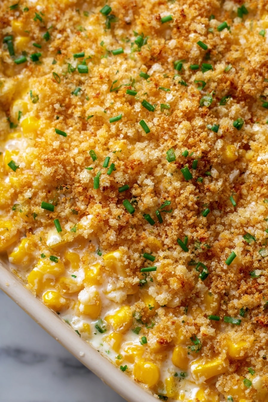 The image shows a white oval dish filled with creamy corn casserole. The bottom layer is creamy white sauce mixed with soft yellow corn kernels, topped with a golden-brown crumb layer sprinkled with green chives. The crumb layer looks crunchy and evenly spread across the top. The dish is placed on a white marbled surface with a white cloth to the left, and a small white dish with crumbs and a bowl of dark sauce with a spoon to the upper right. Photo taken with an iphone --ar 2:3 --v 7 - Chipotle Creamed Corn with Garlic Breadcrumbs, smoky creamed corn, spicy corn side dish, comforting corn recipes, easy corn side dish