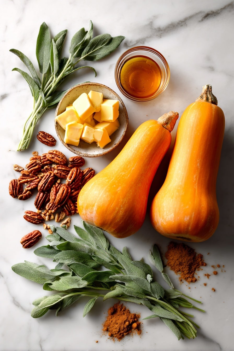 Flat lay of two fresh butternut squashes with bright orange flesh and smooth beige skin, a small pile of glossy chopped pecans with rich brown tones, a handful of vibrant green fresh sage leaves with delicate texture, golden yellow cubes of unsalted butter, a small dish of amber maple syrup shimmering softly, and warm brown cinnamon and nutmeg powders gently scattered around, all beautifully arranged with natural spacing and harmony, placed on white marbled surface, photo taken with an iphone --ar 2:3 --v 7 - Hasselback Butternut Squash with Maple Pecan and Brown Butter Sage, roasted butternut squash, holiday vegetable ideas, festive squash side dish, elegant fall recipes