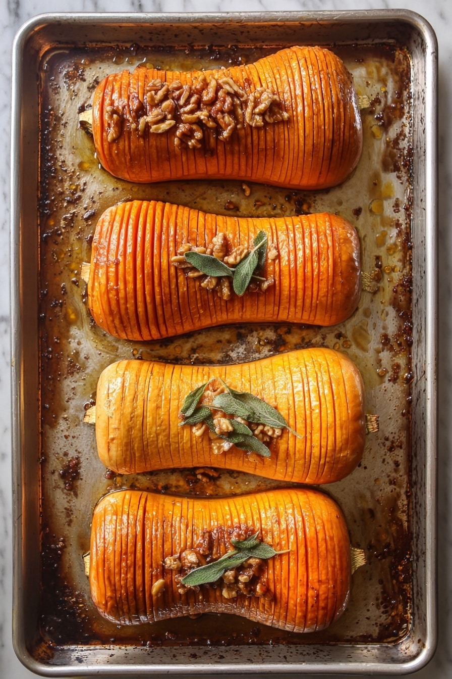 The image shows four whole baked butternut squashes, each sliced with many thin cuts along their length, arranged neatly on a silver baking sheet. The top two squashes have a shiny, orange-brown roasted color with a few pieces of glazed pecans on them, creating a textured look. The bottom two squashes have a lighter, golden orange color with small green sage leaves on top, giving a fresh contrast. The baking sheet has browned areas from cooking and pools of oil or juices around the squashes. The background is a white marbled texture. photo taken with an iphone --ar 2:3 --v 7 - Hasselback Butternut Squash with Maple Pecan and Brown Butter Sage, roasted butternut squash, holiday vegetable ideas, festive squash side dish, elegant fall recipes