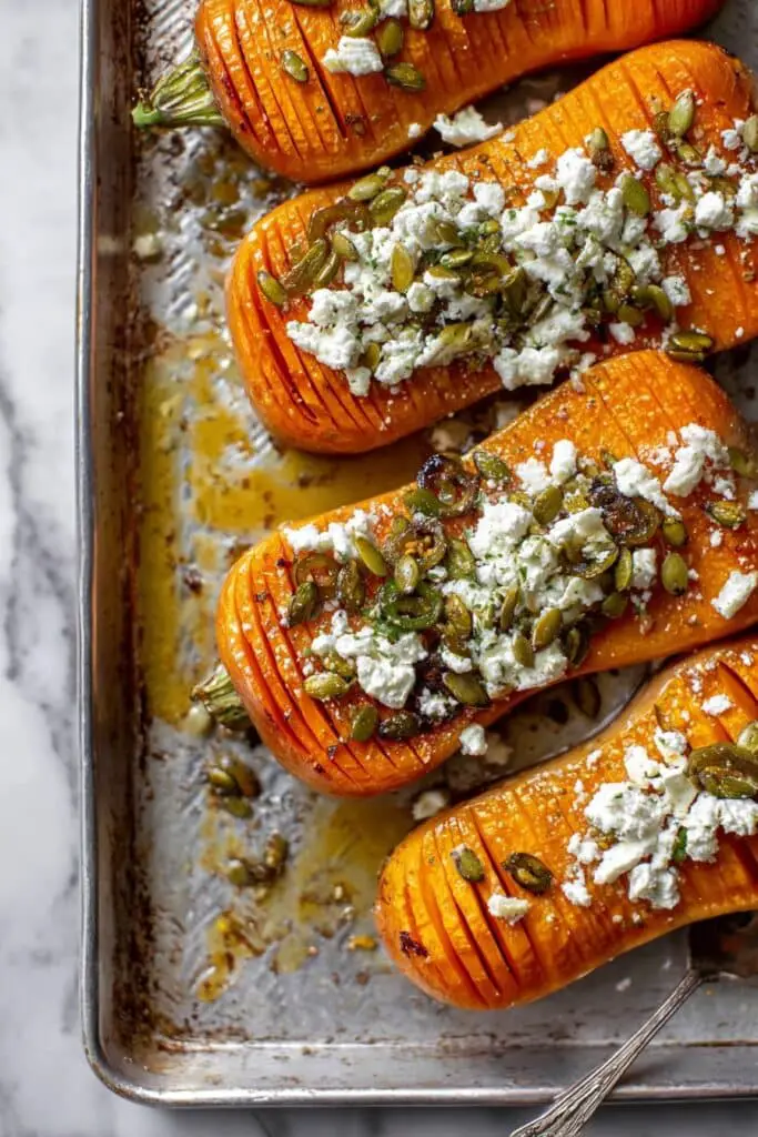 Hot Honey Hasselback Butternut Squash with Feta and Pepitas Recipe
