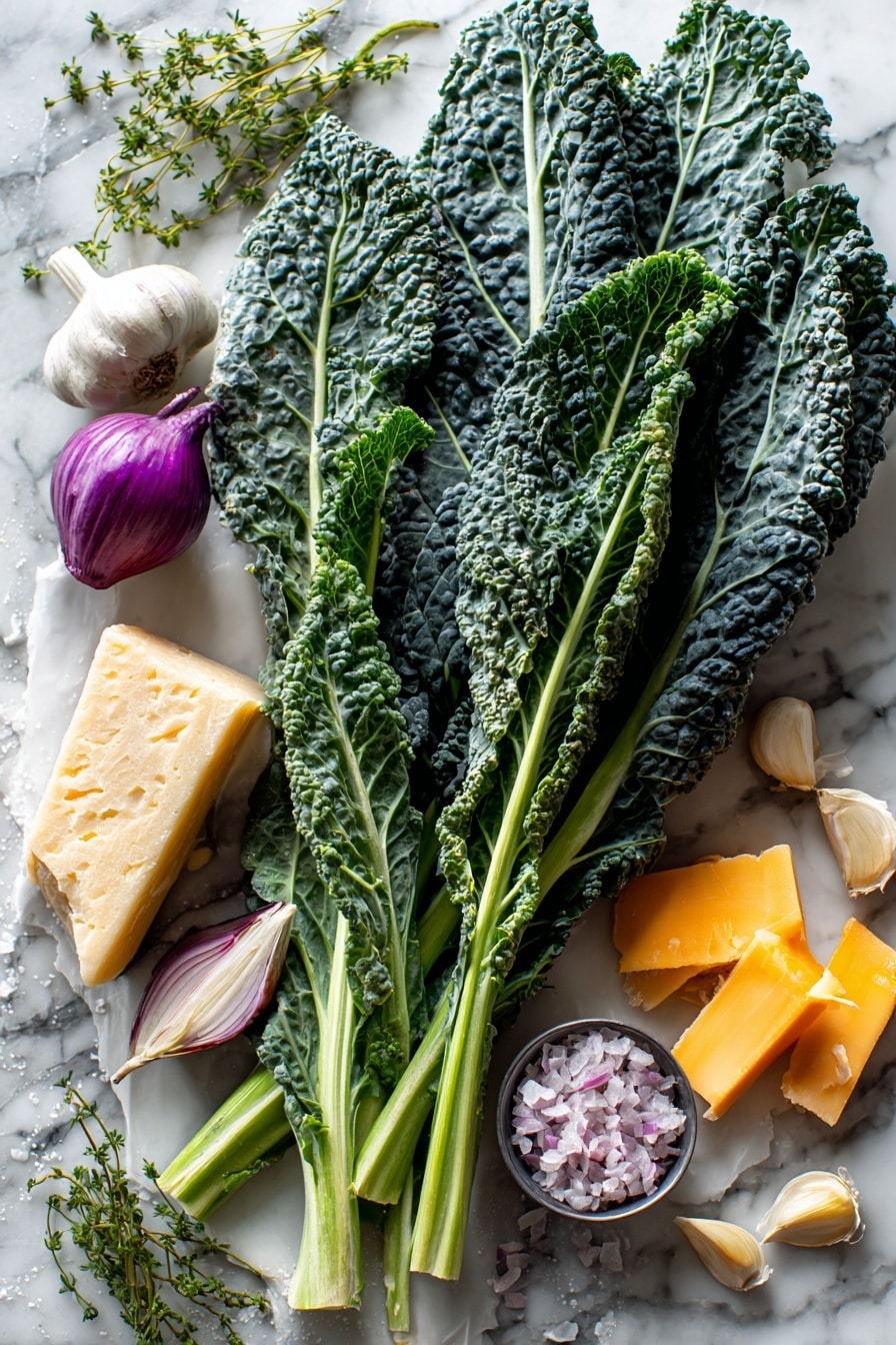 Flat lay of vibrant curly green kale leaves with their ruffled texture next to long, dark green tuscan kale leaves that have a bumpy surface, a small pile of finely minced pale purple shallot, two peeled garlic cloves with smooth white skins, a wedge of creamy pale yellow Gruyere cheese beside chunks of sharp orange cheddar, a small pile of light, crumbly parmesan cheese with a slightly grainy texture, and a few sprigs of fresh bright green herbs scattered lightly for contrast, all placed on white marbled surface, photo taken with an iphone --ar 2:3 --v 7 - Double Kale Gratin, kale gratin recipe, cheesy kale side dish, healthy kale casserole, easy kale gratin
