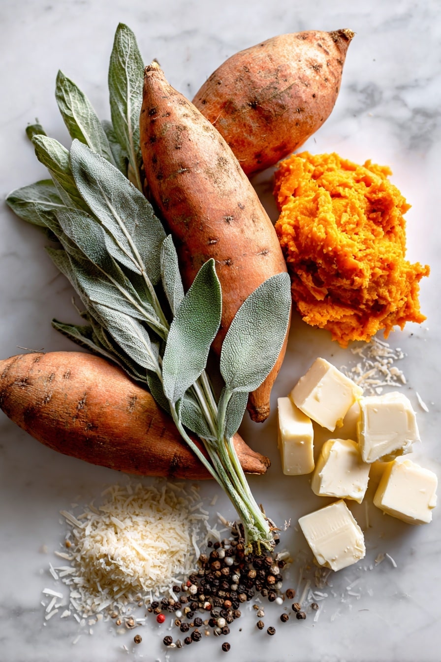 Flat lay of four whole sweet potatoes with their rough, orange-brown skin, a smooth mound of bright orange pumpkin puree, a handful of fresh sage leaves showing their soft, velvety green texture, several chunks of pale creamy unsalted butter, a small pile of finely grated parmesan cheese with a crumbly texture, and a scattering of coarse black peppercorns, all naturally arranged with some leaves overlapping and the butter slightly melting, placed on white marbled surface, photo taken with an iphone --ar 2:3 --v 7 - Twice Baked Sweet Potatoes with Pumpkin and Crispy Sage, Pumpkin Sweet Potato Casserole, Sweet Potatoes with Pumpkin and Sage, Cozy Fall Side Dish, Elegant Holiday Side Dish