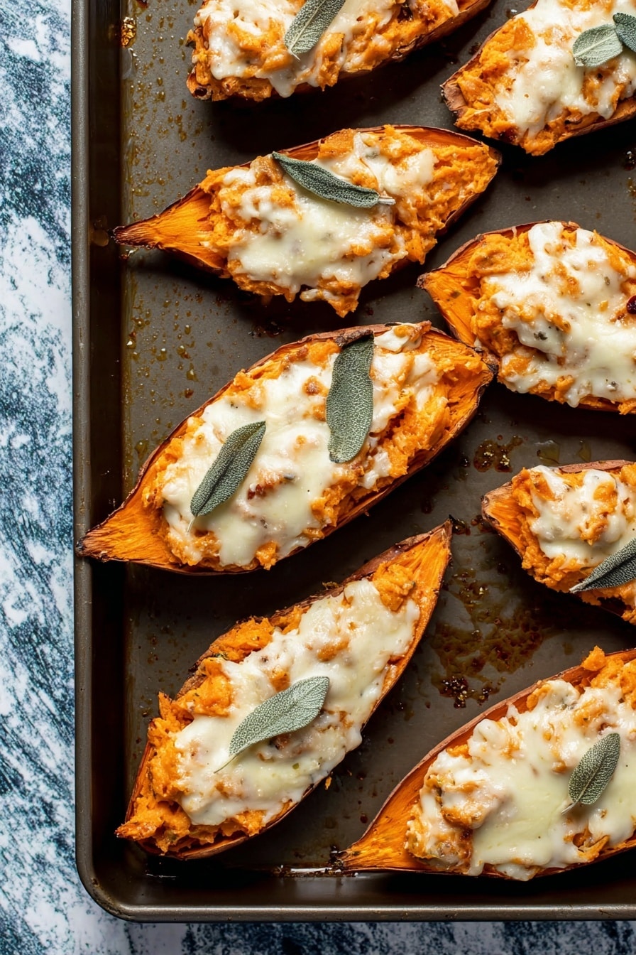 Three stuffed sweet potato halves are arranged on a white plate with a light purple glaze and gold rim. Each sweet potato is filled with mashed orange sweet potato and topped with melted white cheese that looks soft and a little melted. On top of the cheese, there is a single green sage leaf on each half. The plate is set on a white marbled surface with scattered black pepper visible on the plate and sweet potatoes. Photo taken with an iphone --ar 2:3 --v 7 - Twice Baked Sweet Potatoes with Pumpkin and Crispy Sage, Pumpkin Sweet Potato Casserole, Sweet Potatoes with Pumpkin and Sage, Cozy Fall Side Dish, Elegant Holiday Side Dish