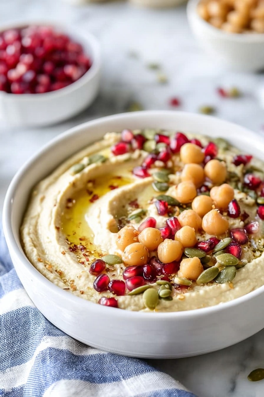 A white bowl filled with a creamy light beige hummus base, topped with a scattering of whole golden chickpeas, bright red pomegranate seeds, and small green pumpkin seeds. The hummus surface shows smooth swirls with a slight drizzle of golden olive oil around the edges. The bowl sits on a white marbled surface with a blue and white striped cloth nearby, and in the blurred background, there is a small white bowl holding more pomegranate seeds. photo taken with an iphone --ar 2:3 --v 7 - Roasted Butternut Squash Hummus with Pomegranate and Pepitas, roasted butternut squash hummus, healthy squash hummus dip, pomegranate and pepitas hummus, vibrant fall appetizer