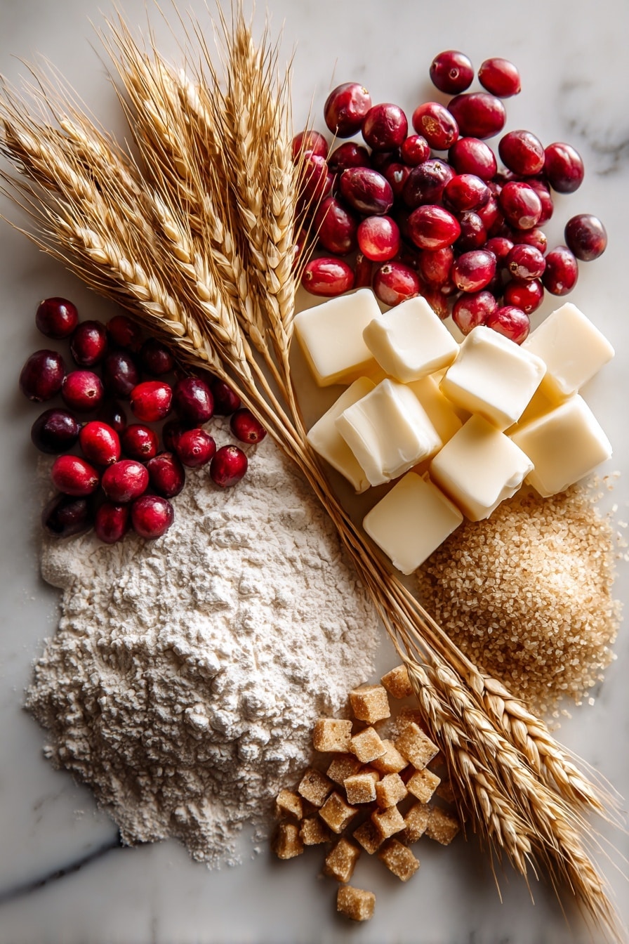 Flat lay of fresh whole wheat grains with their golden-brown husks, vibrant red fresh cranberries clustered with their smooth, shiny skins, cold pale yellow butter sticks cut into small cubes showing creamy texture, a small heap of light brown sugar crystals sparkling softly, and a small mound of white all-purpose flour with a fine, powdery texture, all naturally arranged in a loose, organic pattern with bits of rustic wheat stalks scattered around to add texture, placed on white marbled surface, photo taken with an iphone --ar 2:3 --v 7 - Cranberry Whole Wheat Buttermilk Biscuits, healthy cranberry biscuits, whole wheat breakfast biscuits, flaky cranberry biscuits, homemade cranberry biscuits