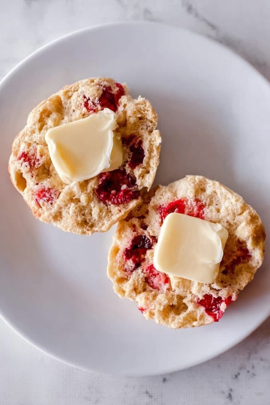 The image shows a single round biscuit with a light golden brown crust and visible red cherry pieces inside and on top. The biscuit has a soft, crumbly texture with some cracks and crevices. It sits centered on a simple white plate placed on a white marbled surface. In the background, there is a glass of milk on the left and a white bowl filled with more red cherries on the right, all slightly blurred. The overall setting is clean and natural, with soft lighting creating gentle shadows. photo taken with an iphone --ar 2:3 --v 7 - Cranberry Whole Wheat Buttermilk Biscuits, healthy cranberry biscuits, whole wheat breakfast biscuits, flaky cranberry biscuits, homemade cranberry biscuits