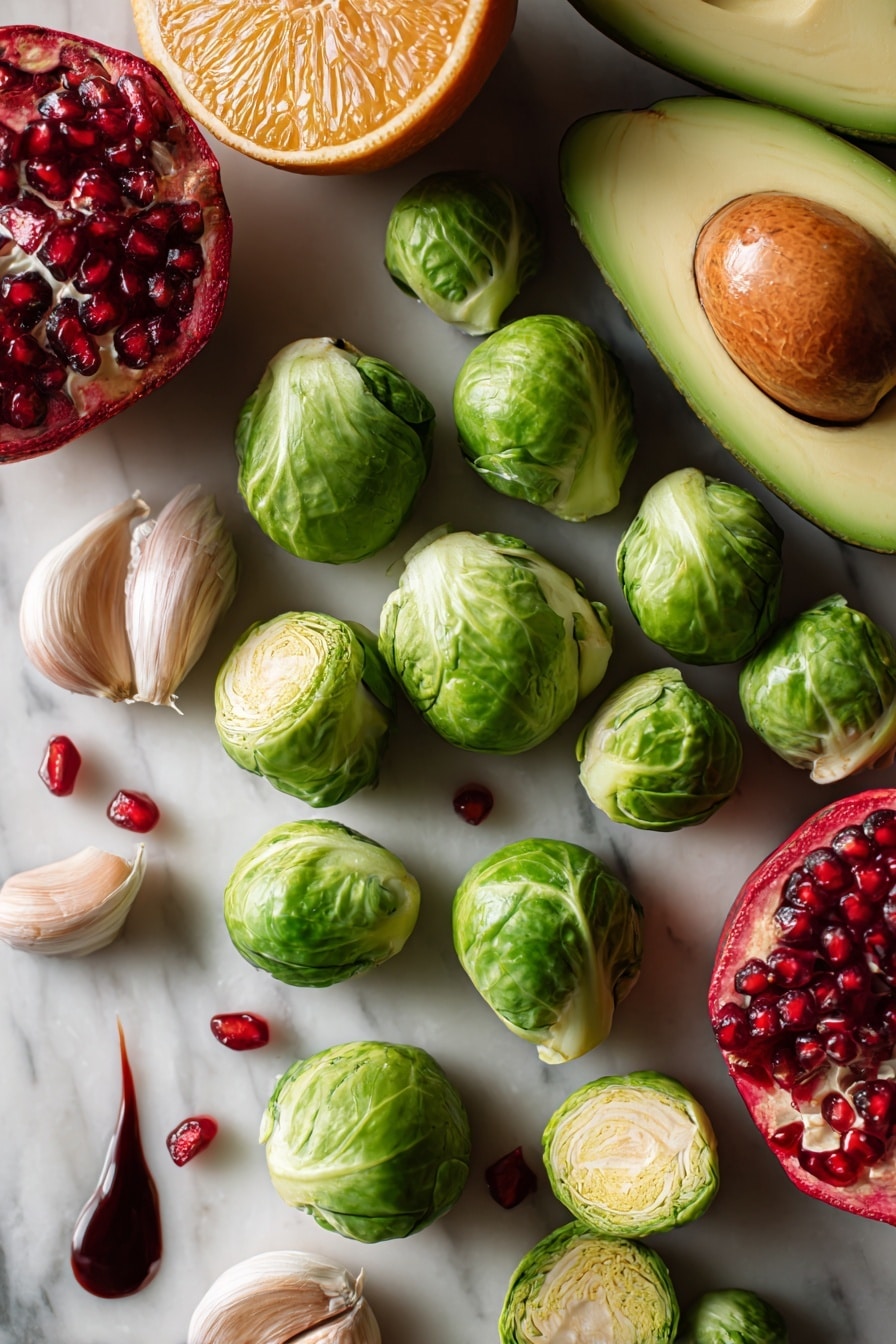 Flat lay of thinly sliced bright green Brussels sprouts with their smooth, slightly curled leaves, vibrant orange segments with juicy, translucent flesh, creamy pale green avocado slices showing soft texture, deep red shiny pomegranate arils scattered among the ingredients, light brown garlic cloves with papery skins partially peeled to reveal smooth bulbs, fresh orange halves displaying their lively orange color and textured peel, a small drizzle of dark glossy pomegranate molasses artfully placed nearby, all arranged naturally with a balance of colors and textures, placed on white marbled surface, photo taken with an iphone --ar 2:3 --v 7 - Citrus Brussels Pomegranate Salad, healthy citrus salad, easy Brussels sprouts salad, festive fruit and vegetable salad, quick side salad recipes