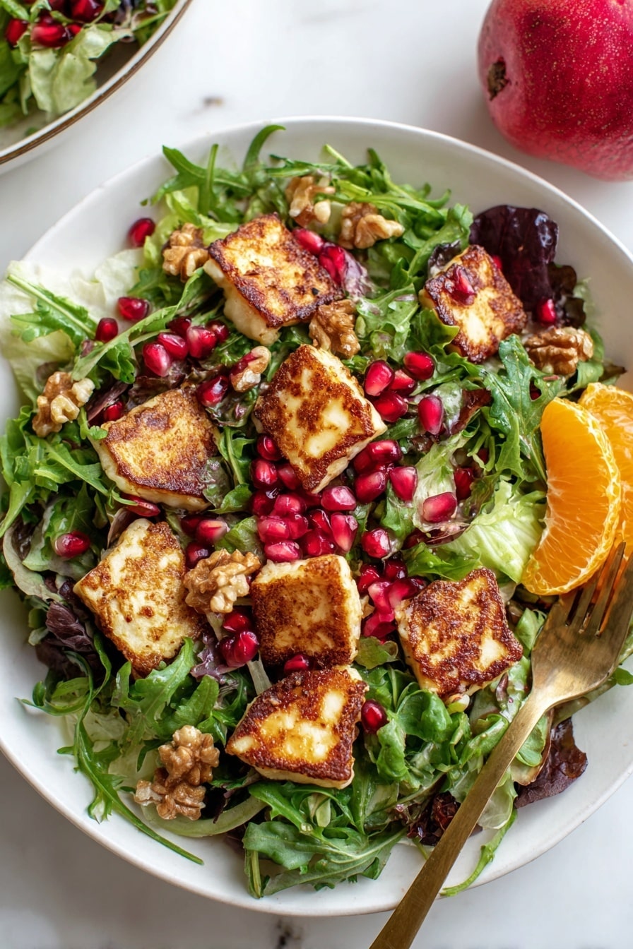 A white plate holds a fresh salad with multiple layers. The bottom layer is made of mixed green leaves including light green lettuce and darker arugula. On top of the greens, there are several pieces of golden brown, grilled cheese slices scattered around. Bright red pomegranate seeds are spread evenly across the salad, adding small shiny spots of color. There are also chunks of light brown walnuts mixed throughout. A wedge of orange with bright orange flesh and a rind sits on the side near the edge of the plate. A gold spoon handle peeks out from under the salad on the right side. The plate sits on a white marbled surface with a pomegranate fruit placed near the top right corner. photo taken with an iphone --ar 2:3 --v 7 - Pomegranate Greens Salad with Halloumi Croutons and Spiced Orange Vinaigrette, healthy vegan salad recipes, fresh fruit and cheese salad, easy citrus vinaigrette salad, vibrant winter green salad