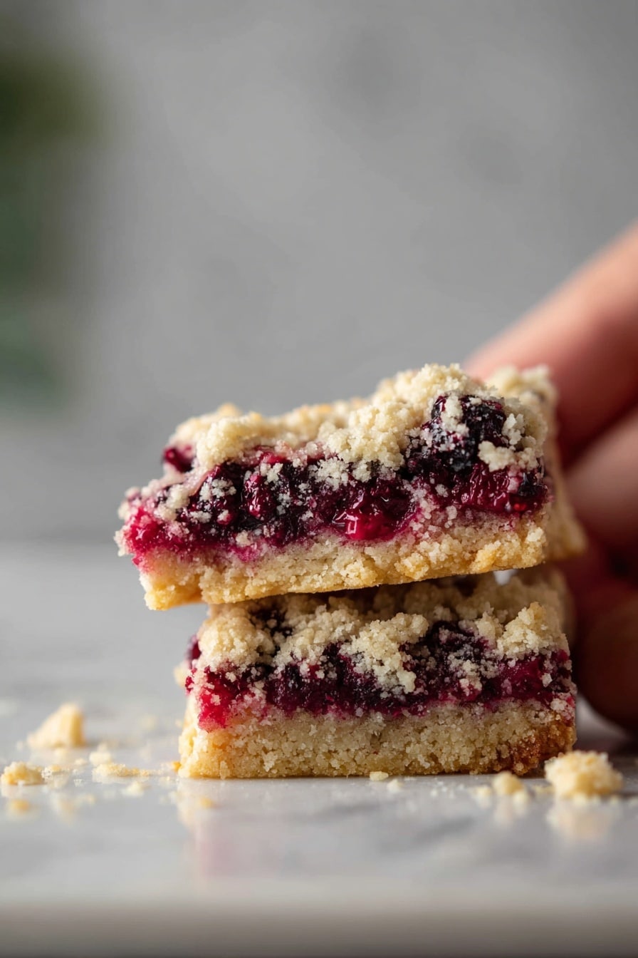 The image shows two crumbly berry bars stacked on a white marbled surface. Each bar has three layers: a light golden crust at the bottom with a slightly rough texture, a middle layer of dark red and purple berries that look juicy and soft, and a top crumbly layer that is pale yellow with coarse crumbs scattered around. The edges of the bars are uneven, and the vibrant berry filling peeks through the crumb topping. In the background, a blurred woman's hand is holding one of the bars. Photo taken with an iphone --ar 2:3 --v 7 - Cranberry Cobbler Bars, cranberry dessert bars, holiday cranberry bars, easy cranberry cobbler, festive fruit bars