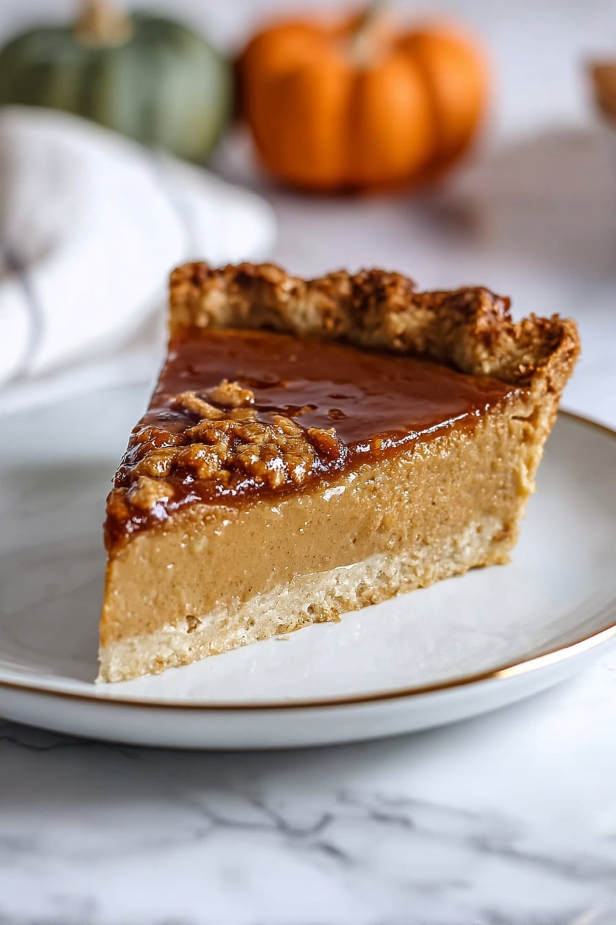 A slice of pie with three visible layers sits on a white plate with a thin gold rim. The bottom layer is a light beige crust that looks firm and crumbly. Above it is a thick, smooth, light brown filling that appears soft and dense. The top layer is a shiny, darker brown glaze with a slightly sticky texture and some small chunks, giving it a glossy and rich look. The pie crust edge is crimped and golden-brown with a rough texture. The background shows a white marbled surface with a small orange and green pumpkin blurred in the back. Photo taken with an iphone --ar 2:3 --v 7 - Bourbon Brûlée Pumpkin Pie, pumpkin pie with bourbon, decadent pumpkin dessert, fall pumpkin pie recipe, adult pumpkin pie with bourbon