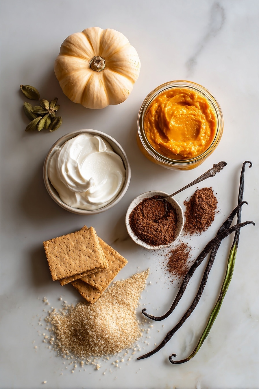 Flat lay of bright orange pumpkin puree in a small glass jar, smooth white mascarpone cheese dollop, rich dark brown instant espresso powder sprinkled artfully, fluffy white heavy cream swirled softly, golden brown graham cracker squares stacked neatly, warm golden pumpkin spice powder gently scattered, light tan granulated sugar crystals shimmering, fresh green vanilla bean pod cut open to reveal tiny seeds, all arranged naturally with varied textures and colors, placed on white marbled surface, photo taken with an iphone --ar 2:3 --v 7 - Pumpkin Cream Cold Brew Icebox Cake, Pumpkin Cold Brew Dessert, No-Bake Pumpkin Cake, Fall Coffee Dessert, Pumpkin Spiced Icebox Cake