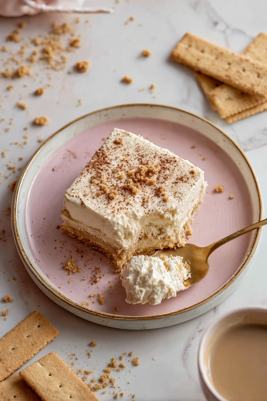 A soft square piece of layered dessert sits on a round white plate with a pink center and a gold rim. The dessert has two visible layers: a light tan crumbly base and a thick, creamy off-white top layer dusted with fine brown powder and small crumb bits scattered on top. A gold spoon resting on the plate holds a small scoop of the dessert, showing its soft, fluffy texture. Around the plate, light brown rectangular crackers are scattered on a white marbled surface. A cup of coffee with light brown foam is visible at the bottom right corner. Photo taken with an iphone --ar 2:3 --v 7 - Pumpkin Cream Cold Brew Icebox Cake, Pumpkin Cold Brew Dessert, No-Bake Pumpkin Cake, Fall Coffee Dessert, Pumpkin Spiced Icebox Cake