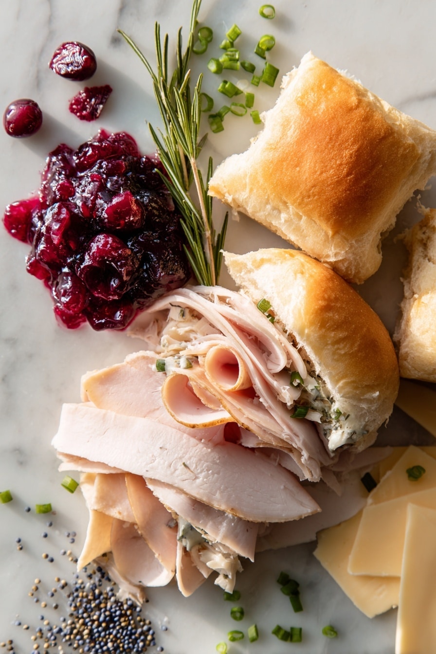 Flat lay of fresh Hawaiian sweet rolls with their golden, soft crusts, thinly sliced deli-style oven-roasted turkey in delicate pinkish-brown layers, glistening whole berry cranberry sauce with deep red berries, thin slices of creamy gouda cheese in pale yellow, mild cheddar slices with a smooth light orange hue, bright green sliced chives scattered around, and a small pile of tiny blue-black poppy seeds adding contrast, all naturally arranged with some turkey slices slightly overlapping cheese and rolls slightly open to reveal layers, placed on white marbled surface, photo taken with an iphone --ar 2:3 --v 7 - Cranberry Turkey Sliders, Thanksgiving sliders, holiday party appetizers, easy turkey sliders, cranberry chicken sliders