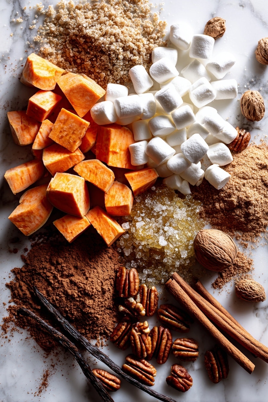Flat lay of vibrant orange sweet potato cubes, rich golden melted butter melting slightly over the edges, deep brown packed brown sugar crystals sparkling, whole pecans with their textured, glossy brown shells, fluffy white mini marshmallows grouped in soft clusters, warm brown ground cinnamon and nutmeg powders gently sprinkled nearby, and a small vanilla bean pod adding a dark contrast, all naturally scattered and arranged with some overlapping edges to create a cozy, autumnal feel, placed on white marbled surface, photo taken with an iphone --ar 2:3 --v 7 - Crockpot Sweet Potato Casserole with Marshmallows and Pecans, sweet potato casserole, slow cooker sweet potato side dish, marshmallow pecan sweet potato, holiday sweet potato casserole
