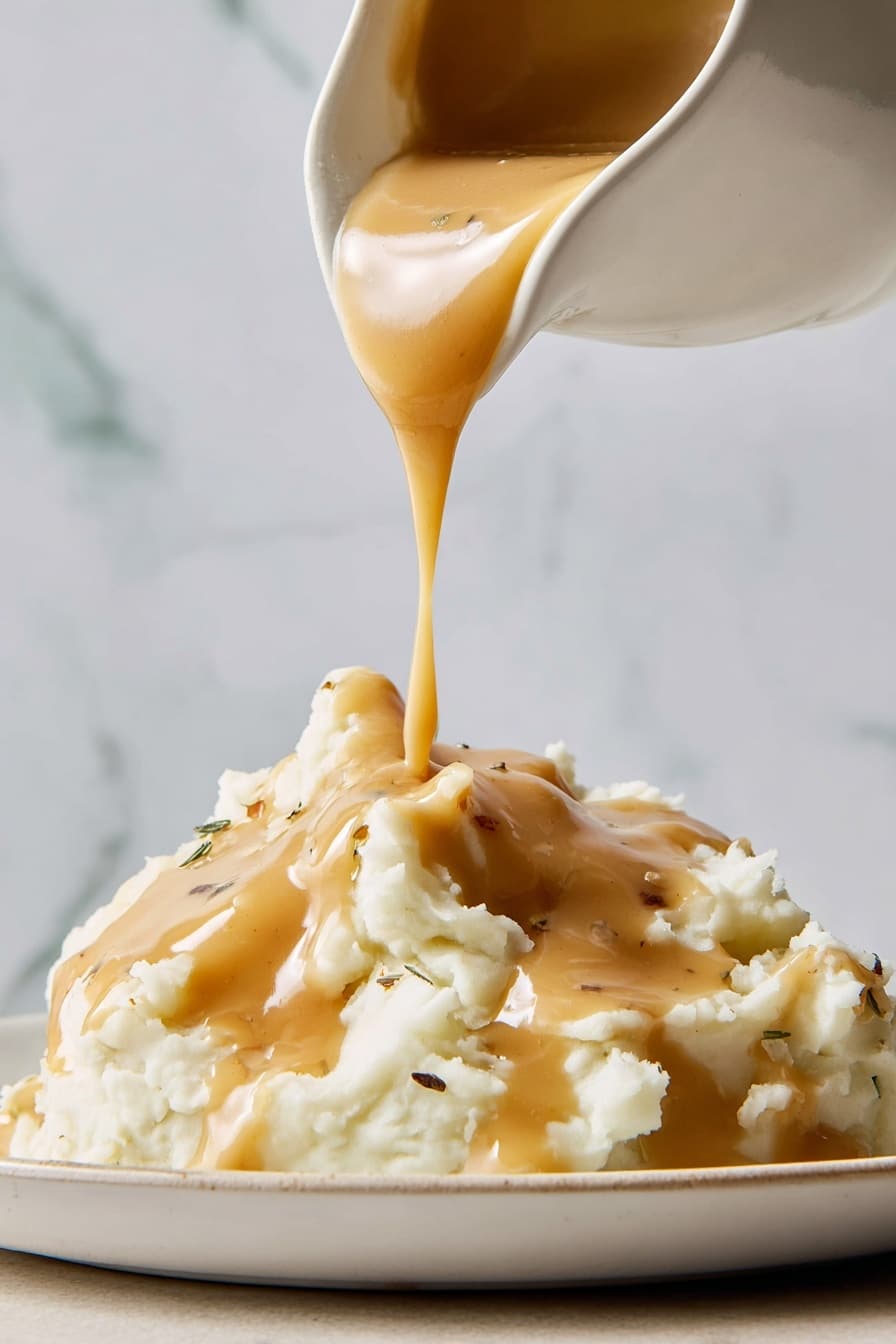 A close-up image shows a thick golden-brown gravy with small black and green specks inside, held on a silver spoon above a white bowl filled with the same gravy. The gravy in the bowl has a smooth, shiny texture with a swirl pattern on the surface, and the white bowl sits on a white marbled surface. Photo taken with an iphone --ar 2:3 --v 7 - Perfect Turkey Gravy, turkey gravy recipe, homemade turkey gravy, Thanksgiving gravy, savory turkey gravy
