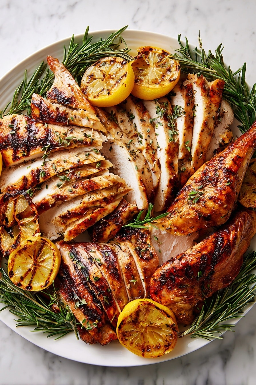 The dish shows a white plate filled with grilled chicken pieces arranged closely together, including a wing, a leg, and sliced chicken breast layers with a golden brown and slightly crispy surface speckled with herbs. There are three grilled lemon halves placed around the chicken, each showing char marks and a warm yellow color. Fresh green rosemary sprigs are scattered around the edges, adding a touch of greenery. The white plate sits on a white marbled surface, creating a clean and bright look. Photo taken with an iphone --ar 2:3 --v 7 - Grilled Herb-Butter Turkey, herb-butter turkey, grilled turkey recipe, juicy turkey on grill, flavorful turkey centerpiece
