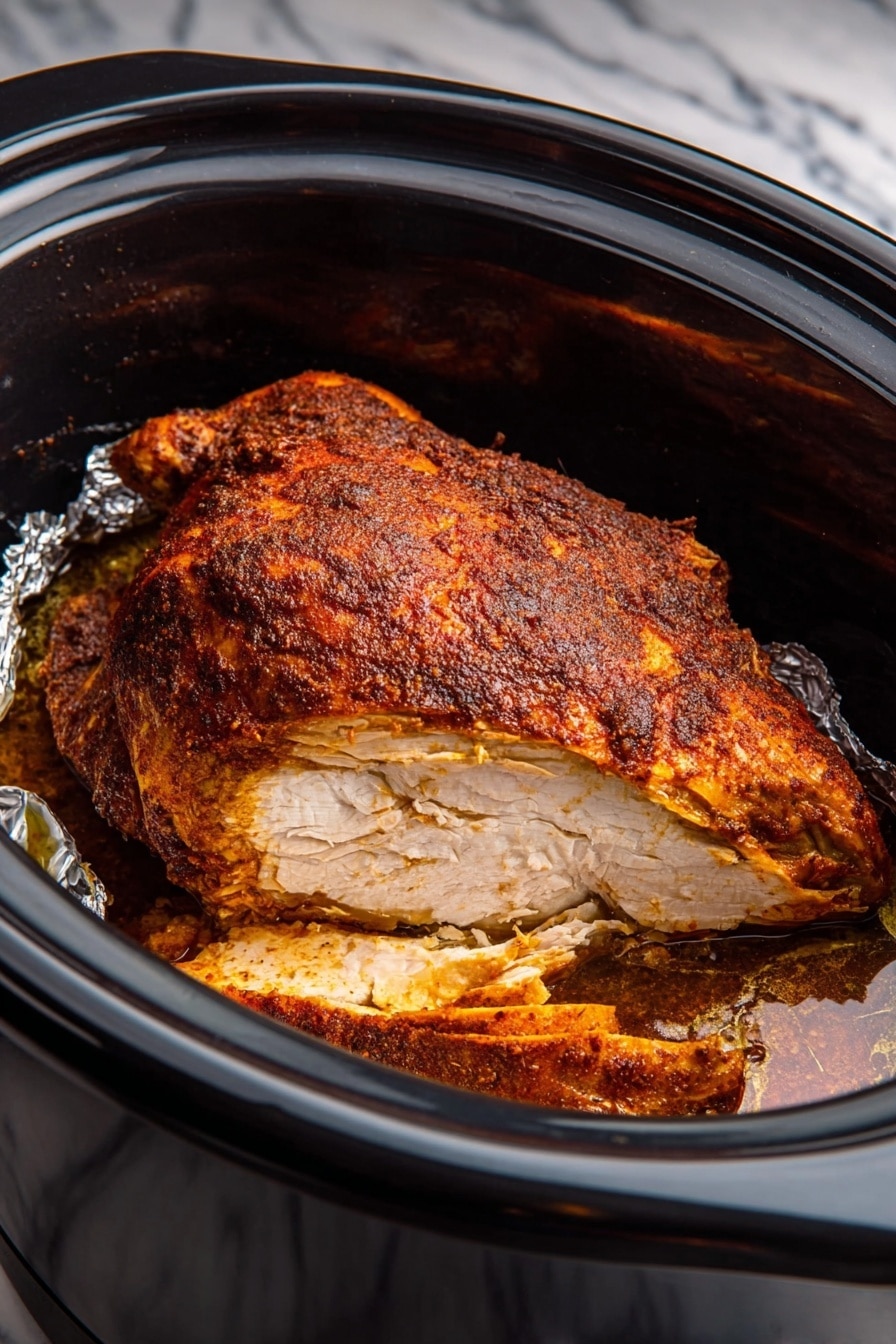 A large piece of cooked chicken with dark reddish-brown, crispy skin sits in a black slow cooker lined with aluminum foil. The chicken has been sliced to show a thick, light beige inner layer with moist texture beneath the rich, spiced outer layer. The slow cooker’s dark interior contrasts with the chicken, highlighting its textured surface and slight glistening oil on the skin. The background features a white marbled texture. photo taken with an iphone --ar 2:3 --v 7 - Crock-Pot Turkey Breast with Honey and Spiced Rub, slow cooker turkey breast, honey spiced turkey, easy holiday turkey recipe, juicy turkey breast in slow cooker