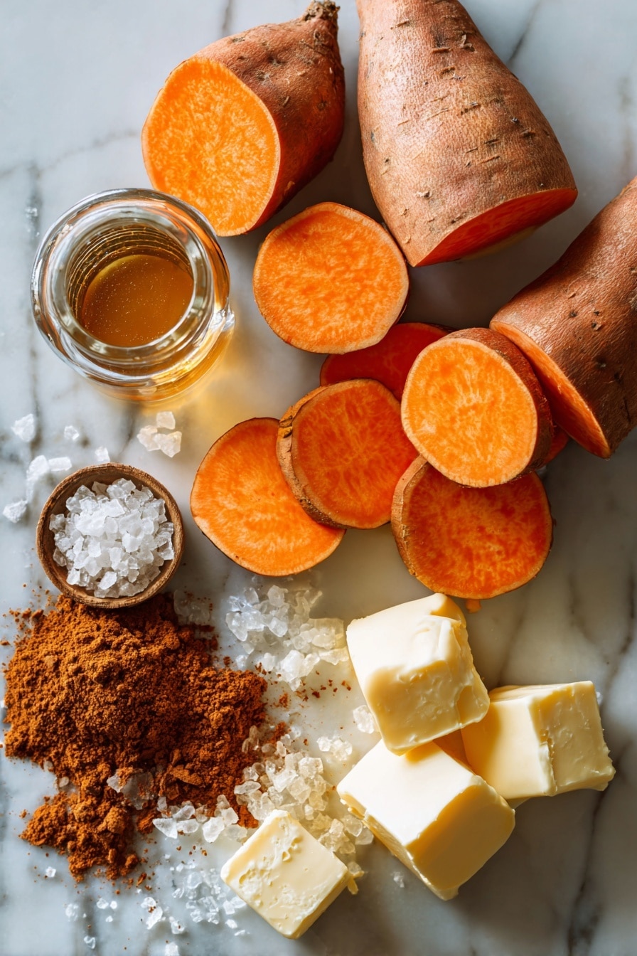 Flat lay of peeled sweet potatoes sliced into thick rounds displaying their vibrant orange color and smooth texture, a small heap of dark brown sugar with rich, caramel-like crystals, a glass of golden apple cider catching the light, a small bottle of amber bourbon glistening softly, a scattering of warm cinnamon powder in a gentle mound, a few bright yellow cubes of creamy butter with smooth surfaces, all naturally arranged with a pinch of coarse kosher salt crystals sparkling, placed on white marbled surface, photo taken with an iphone --ar 2:3 --v 7 - Candied Sweet Potatoes, Sweet Potatoes Side Dish, Caramelized Sweet Potatoes, Holiday Sweet Potato Recipe, Cozy Sweet Potato Ideas