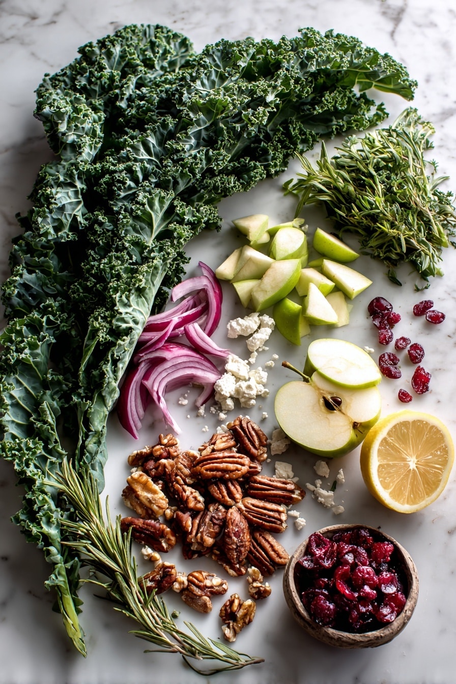 Flat lay of fresh curly green kale leaves with ruffled texture, vibrant red dried cranberries scattered nearby, crisp green and red Granny Smith and Honeycrisp apple chunks showing glossy skin, thin delicate slices of bright purple-red onion, a small pile of rough chopped toasted brown pecans with rich texture, crumbly white feta cheese chunks with creamy texture, a fresh lemon cut in half revealing bright yellow juicy interior, and a small dollop of golden honey with smooth, shiny surface, all naturally arranged in an inviting, casual layout placed on white marbled surface, photo taken with an iphone --ar 2:3 --v 7 - Cranberry Apple Quinoa Salad, healthy quinoa salad with cranberries and apples, vegan cranberry apple salad, colorful fruit quinoa salad, nutritious side dish with quinoa and kale