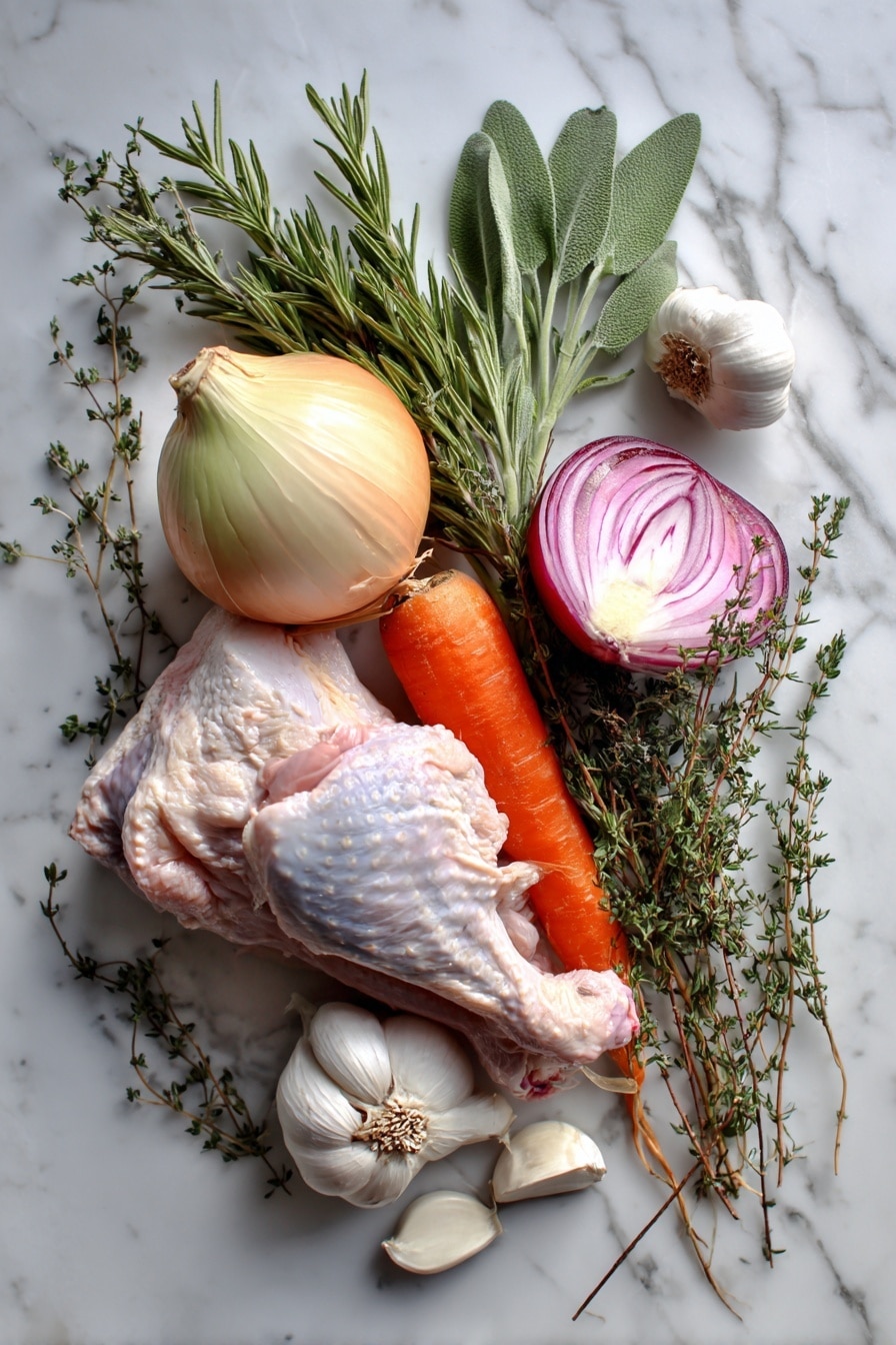 Flat lay of fresh turkey giblets including the neck and liver with rich, raw textures in soft beige and deep red tones, a quartered onion showing its crisp white and purple layers, a bright orange carrot cut in half revealing smooth, moist interior, six cloves of smashed garlic with their creamy white, slightly crushed skins, vivid green sprigs of sage, thyme, and rosemary adding leafy and needle-like textures, all arranged naturally with some overlapping and spaced for visual interest, placed on white marbled surface, photo taken with an iphone --ar 2:3 --v 7 - Giblet Gravy, giblet gravy recipe, homemade giblet gravy, turkey gravy with giblets, easy giblet gravy