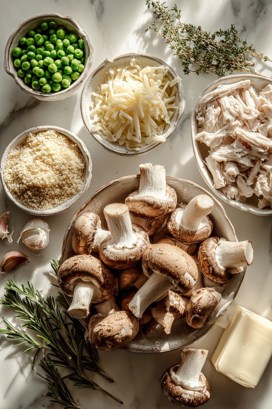 Flat lay of fresh baby bella mushrooms with their rich brown caps and creamy stems, bright green frozen peas scattered nearby, chopped white turkey meat showcasing its tender texture, whole cloves of garlic with papery white skins, a small pile of shredded white cheddar cheese strands, finely grated pale Parmesan cheese, golden panko bread crumbs with a light, flaky texture, a few sprigs of dried oregano leaves, and a pat of creamy unsalted butter, all beautifully arranged in an inviting, natural spread with soft shadows, placed on white marbled surface, photo taken with an iphone --ar 2:3 --v 7 - Thanksgiving Turkey Tetrazzini, Turkey Tetrazzini with leftovers, creamy turkey pasta casserole, holiday turkey leftovers recipe, cozy comfort food recipes