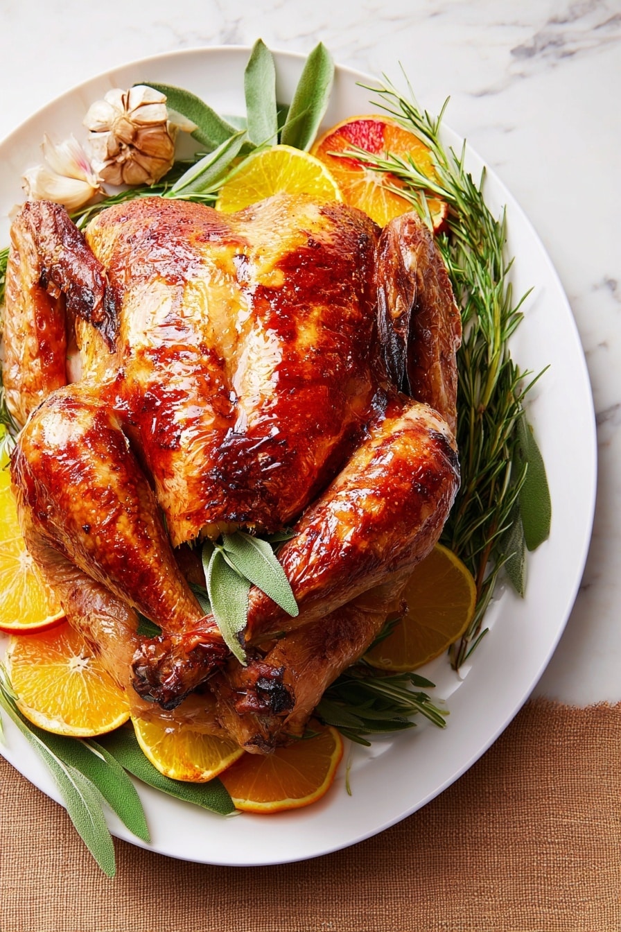 A whole roasted bird with shiny, golden-brown skin sits on a white plate. The bird has a crispy texture with parts showing slight charring. Beneath and around it are green leafy herbs, including sprigs of rosemary and sage. Around the edges of the plate, there are thin, colorful slices of lemon and blood orange adding splashes of yellow and deep red-orange. A few cloves of roasted garlic are visible near the top left. The plate rests on a white marbled surface. photo taken with an iphone --ar 2:3 --v 7 - Turkey Brine, juicy turkey brine, flavorful turkey marinade, turkey brining tips, homemade turkey marinade