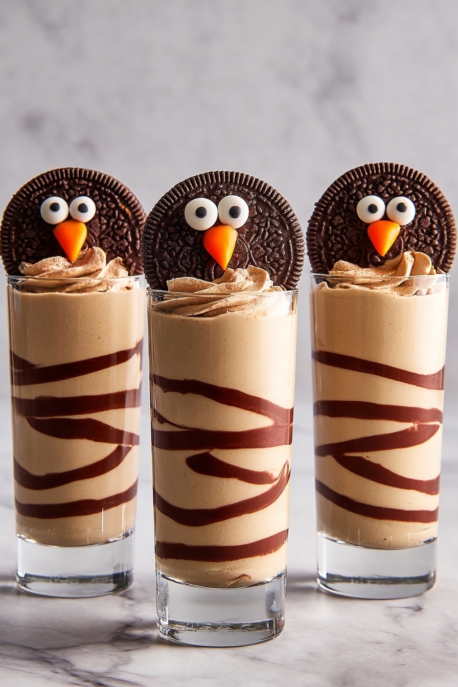Two clear large wine glasses each filled with a smooth light brown creamy drink with dark brown chocolate swirls wrapping around the inside of the glass. On top of each drink, there is a chocolate cookie shaped like a turkey, made from three round chocolate cookies layered to form the feathers, with white and black candy eyes and an orange candy shaped like a beak on the front. The glasses sit on a white marbled surface with a dark textured background. photo taken with an iphone --ar 2:3 --v 7 - Turkeytini chocolate bourbon Baileys cocktail nutmeg festive drink holiday gathering, indulgent chocolate bourbon Baileys martini, easy holiday cocktail recipes, festive chocolate cocktail, creamy Christmas drinks