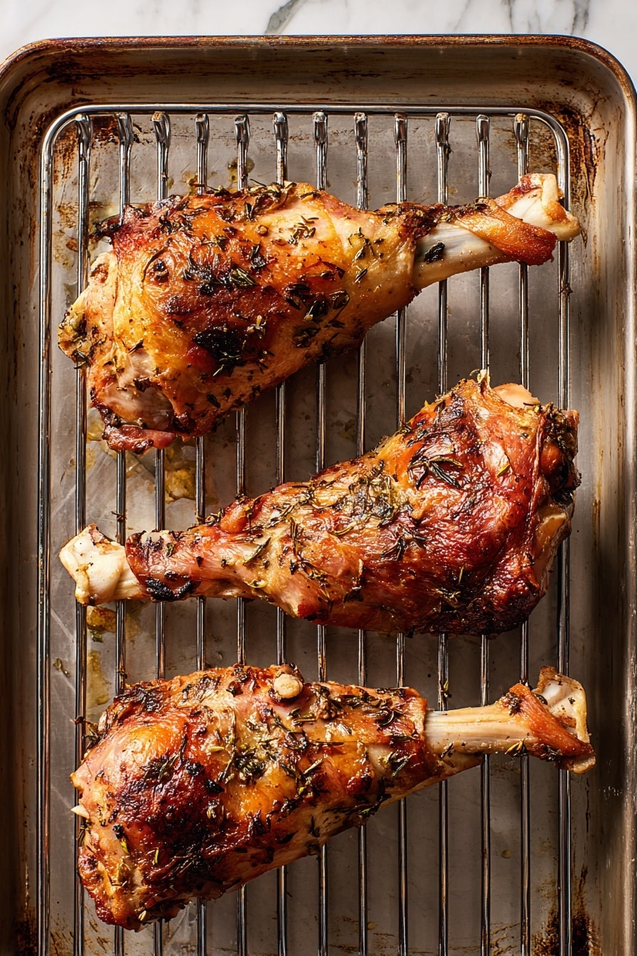 The image shows three roasted meat legs placed on a metal wire rack inside a baking tray. Each leg has a crispy, golden-brown skin with darker charred spots, seasoned with herbs and small bits of seasoning visible on the surface. The bones are white and stick out from one end of each leg. The baking tray underneath the wire rack has a worn look with some grease marks. The whole setup sits on a white marbled texture surface. Photo taken with an iphone --ar 2:3 --v 7 - Roasted Herb-Seasoned Turkey Leg, savory turkey leg recipes, juicy roasted turkey, herb-infused turkey leg, crispy skin turkey thigh