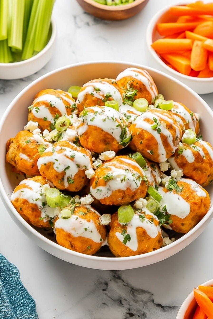 A white bowl filled with a single layer of round orange balls that have a smooth texture, each topped with a drizzle of white creamy sauce. Scattered green chopped herbs and thin round slices of green onion are spread over the balls, with small white crumb-like pieces adding contrast. Around the bowl, there are white bowls holding sticks of celery and bright orange carrot sticks. The background is a white marbled texture. photo taken with an iphone --ar 2:3 --v 7 - Buffalo Chicken Meatballs with Bleu Cheese Yogurt Dip, spicy buffalo chicken meatballs, chicken appetizer recipes, game day snacks, easy party appetizers