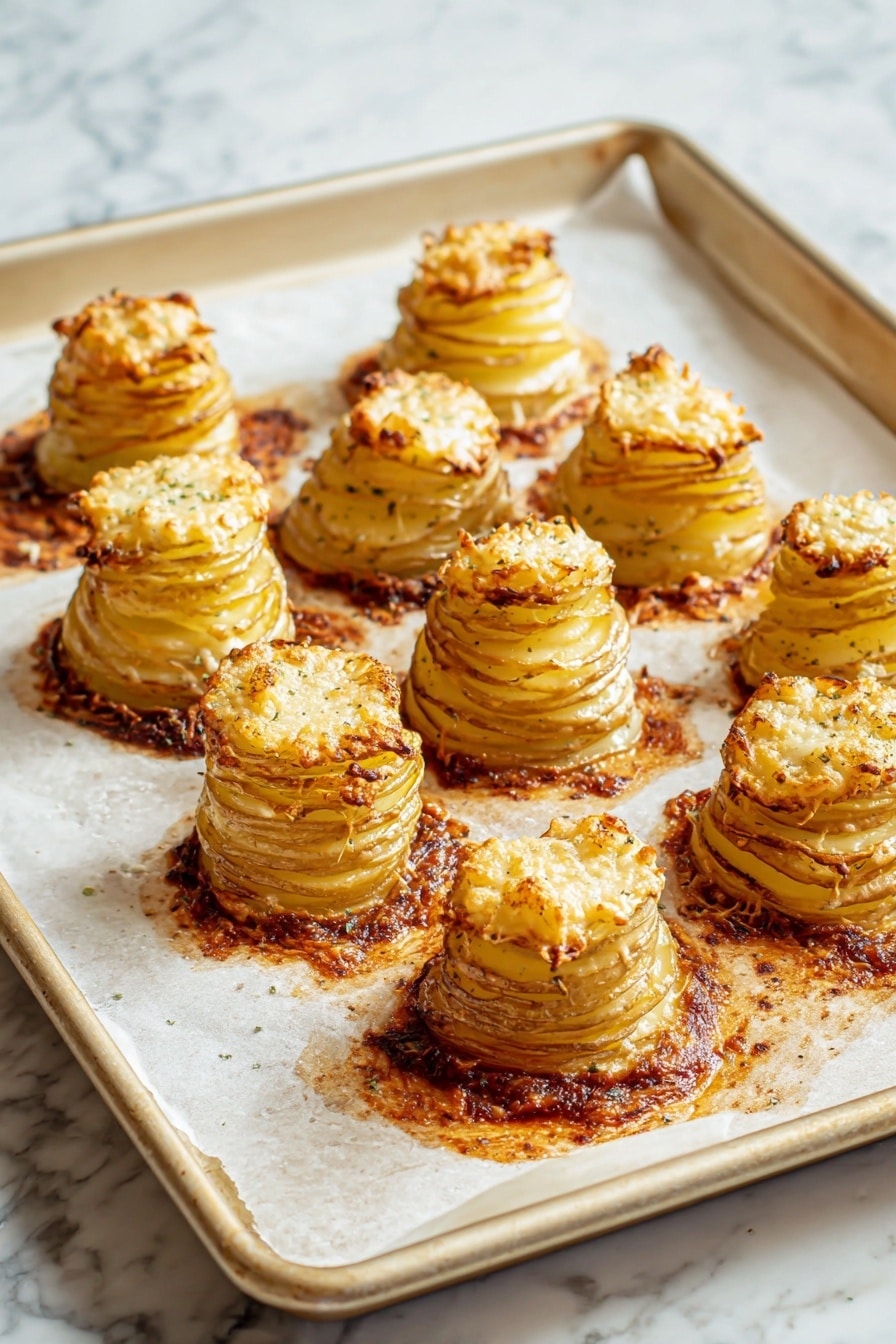 The image shows a small stack of thin potato slices, about seven layers high, arranged in a neat pile on white parchment paper over a white marbled surface. The potato slices are golden brown with visible seasoning dots of black pepper and herbs, giving a textured look. On top of the stack is a generous mound of finely shredded white cheese that spills over the sides, with some cheese scattered around the base. The edges of the potato slices have a slightly crispy and browned finish. In the background, there are blurred stacks of similar potato slices, also golden brown. photo taken with an iphone --ar 2:3 --v 7 - Crispy Cacio e Pepe Roasted Potato Stacks, cheesy potato stacks, crispy potato side dish, baked potato appetizer, flavorful potato recipe