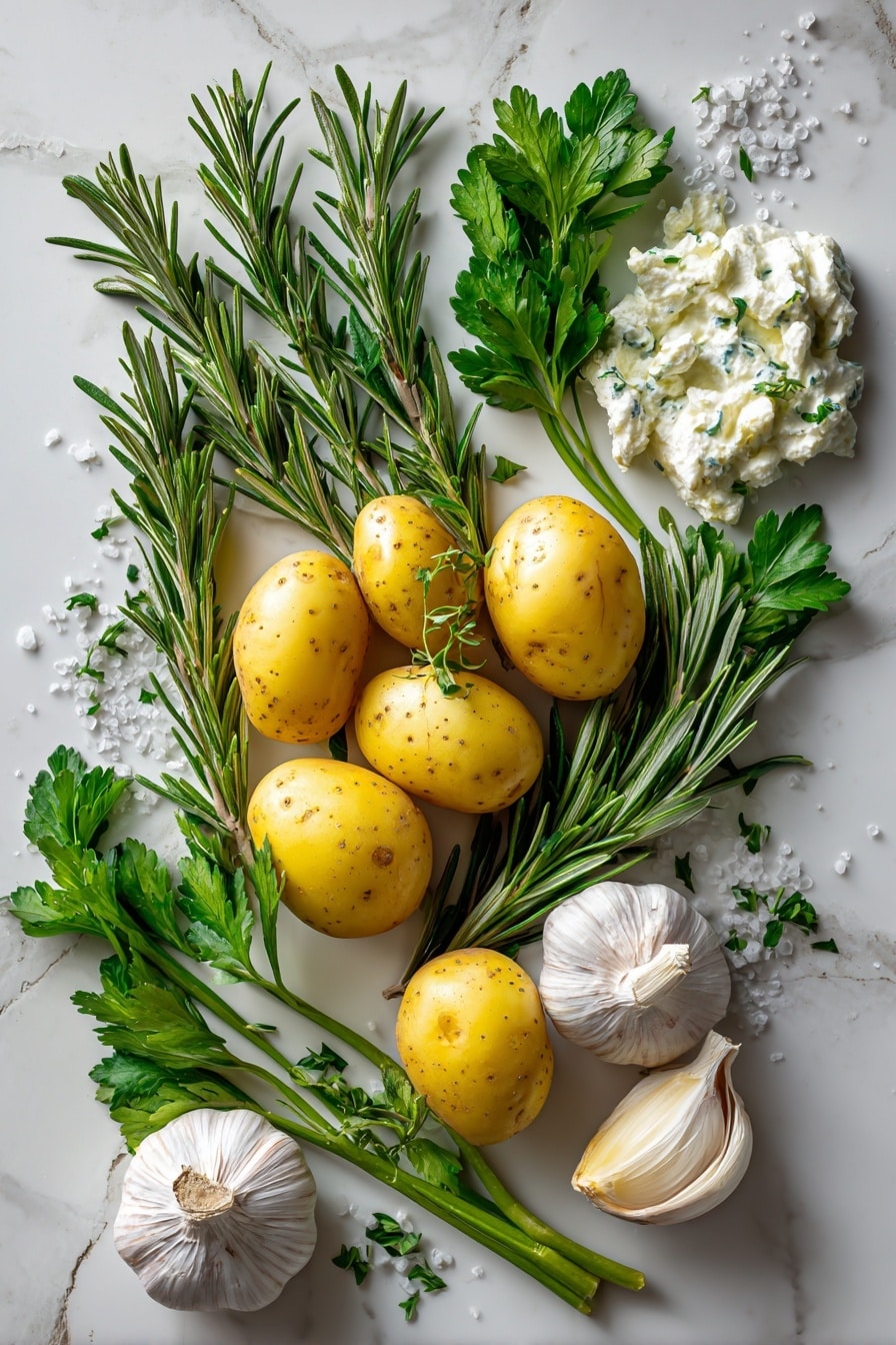 Flat lay of small gold potatoes with smooth, shiny yellow skin, fresh green rosemary sprigs with needle-like leaves, bright leafy parsley and cilantro in varying shades of green, creamy white garlic feta sauce dollops with a soft texture, and scattered coarse sea salt crystals, all arranged naturally with some potatoes halved to show their pale yellow interior, placed on white marbled surface, photo taken with an iphone --ar 2:3 --v 7 - Crispy Smashed Potatoes with Garlic Feta Dipping Sauce, crispy smashed potato recipe, garlic feta dipping sauce, baked smashed potatoes, easy potato side dish