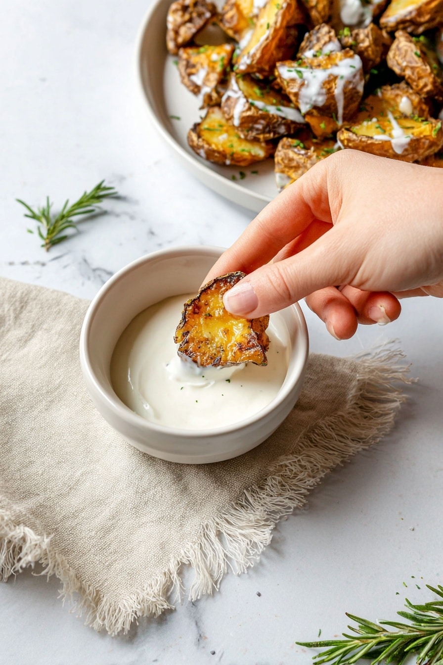 The image shows several crispy smashed potatoes arranged loosely on a metal baking sheet with a slightly worn look. Each potato is small and round with a crinkled, golden-brown, crispy outer skin and a soft, yellow inside slightly mashed and spread out unevenly. The potatoes are sprinkled with coarse salt and black pepper, adding a speckled texture over the surface. The metal baking sheet has some small oil spots and burnt bits around the potatoes, highlighting the crispiness. The lighting is bright and natural, showing the detailed texture of the crispy skin and fluffy inside. Photo taken with an iphone --ar 2:3 --v 7 - Crispy Smashed Potatoes with Garlic Feta Dipping Sauce, crispy smashed potato recipe, garlic feta dipping sauce, baked smashed potatoes, easy potato side dish