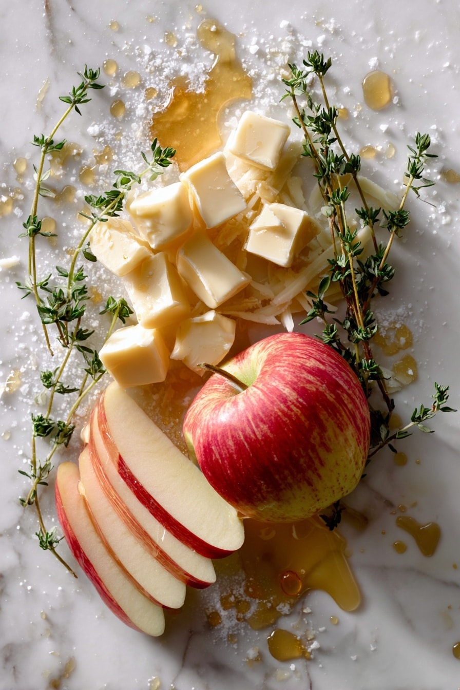 Flat lay of a large Honeycrisp apple thinly sliced with shiny red and yellow skin, sharp white cheddar cheese shredded into soft curls of creamy pale yellow, cubes of cold salted butter with smooth, slightly glossy surfaces, fresh bright green thyme sprigs with delicate leaves, tiny thyme leaves scattered around, granulated sugar sparkling like little crystals, a light drizzle of golden honey pooling slightly, all beautifully arranged in a natural, loose pattern showcasing the colors and textures, placed on white marbled surface, photo taken with an iphone --ar 2:3 --v 7 - Apple Cheddar Galette with Honey and Thyme, delicious apple galette recipes, easy rustic fruit tart, homemade apple savory tart, cozy fall dessert ideas