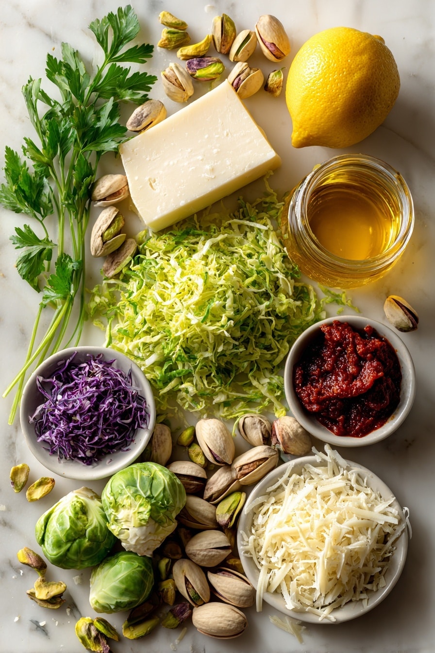 Flat lay of fresh bright green shredded Brussels sprouts with their crisp texture, a wedge of sharp white cheddar cheese showing smooth, slightly crumbly edges, vibrant whole pistachios with rich green and purple hues, a small fresh lemon with bright yellow zest and a slice showing juicy inside, a jar of golden amber honey glistening in natural light, a small heap of deep red hot sauce, a cluster of pale creamy parmesan shavings with fine texture, and sprigs of fresh parsley adding lively green contrast, all beautifully arranged in a natural, slightly scattered composition, placed on white marbled surface, photo taken with an iphone --ar 2:3 --v 7 - White Cheddar Brussels Sprouts & Pistachio Crostini with Hot Honey, Brussels Sprouts Crostini, Hot Honey Appetizer, Pistachio Crostini, Easy Party Snacks