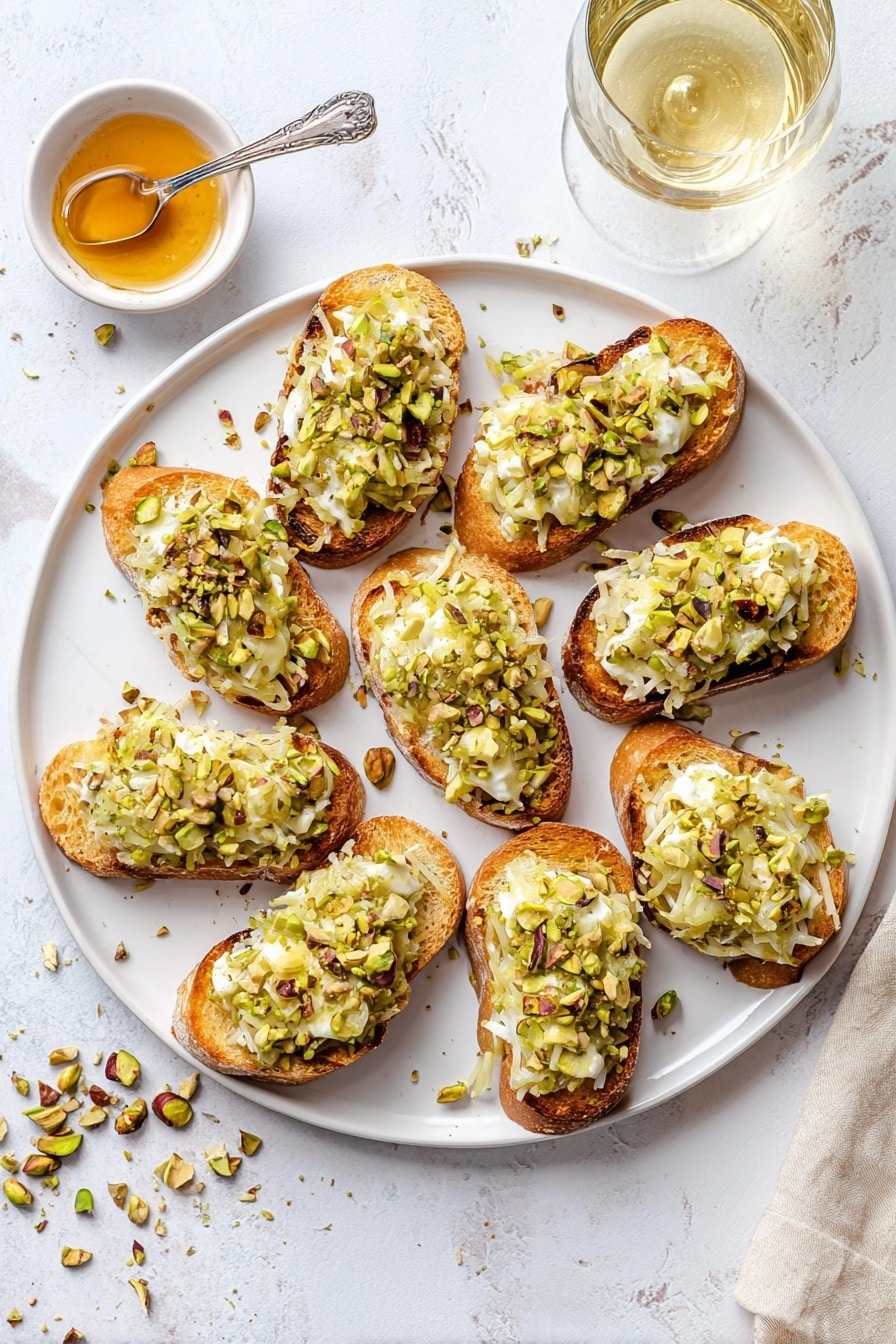 The image shows a white round plate filled with twelve small toasted bread slices arranged in a circular pattern. Each slice has three layers: a bottom layer of golden-brown toasted bread, a thick middle layer of light green shredded topping, and a top layer of melted white cheese mixed with chopped green and brown nuts scattered on top. On the left side, there is a small white bowl with honey and a spoon, and near the top, there is a clear glass of light golden liquid. The plate is placed on a white marbled surface with some nuts and crumbs scattered around. photo taken with an iphone --ar 2:3 --v 7 - White Cheddar Brussels Sprouts & Pistachio Crostini with Hot Honey, Brussels Sprouts Crostini, Hot Honey Appetizer, Pistachio Crostini, Easy Party Snacks
