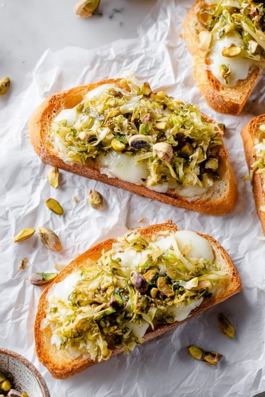 The image shows a white plate with eight pieces of toasted bread slices topped with a mix of melted light yellow cheese and chopped green pistachios. The toasts have a light golden-brown crust with a soft, porous inside. The cheese is melted unevenly, covering most of the surface of each piece, and is mixed with small pieces of pistachios scattered on top. The plate is placed on a white marbled surface with part of two clear glasses of liquid visible on the side. Photo taken with an iphone --ar 2:3 --v 7 - White Cheddar Brussels Sprouts & Pistachio Crostini with Hot Honey, Brussels Sprouts Crostini, Hot Honey Appetizer, Pistachio Crostini, Easy Party Snacks