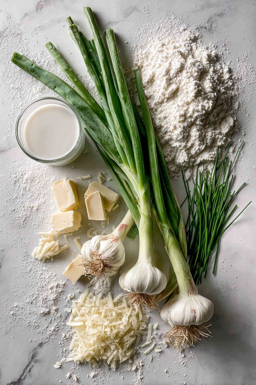 Flat lay of fresh green onions with their crisp white bulbs and vibrant green stalks, bright green chives with delicate thin leaves, a small pile of finely grated creamy white Parmesan cheese, chunks of cold pale yellow unsalted butter, a heap of pale golden dried minced onions, scattered white all-purpose flour dusting the surface lightly, and a small glass of white buttermilk, all beautifully arranged with contrasting textures and natural colors, placed on white marbled surface, photo taken with an iphone --ar 2:3 --v 7 - Onion Chive and Parmesan Biscuits, savory biscuits with chives and Parmesan, flaky onion and cheese biscuits, easy homemade biscuits with cheese and herbs, flavorful brunch biscuits